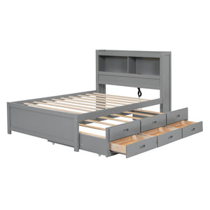 Full Size platform bed with trundle, drawers and USB plugs, Gray