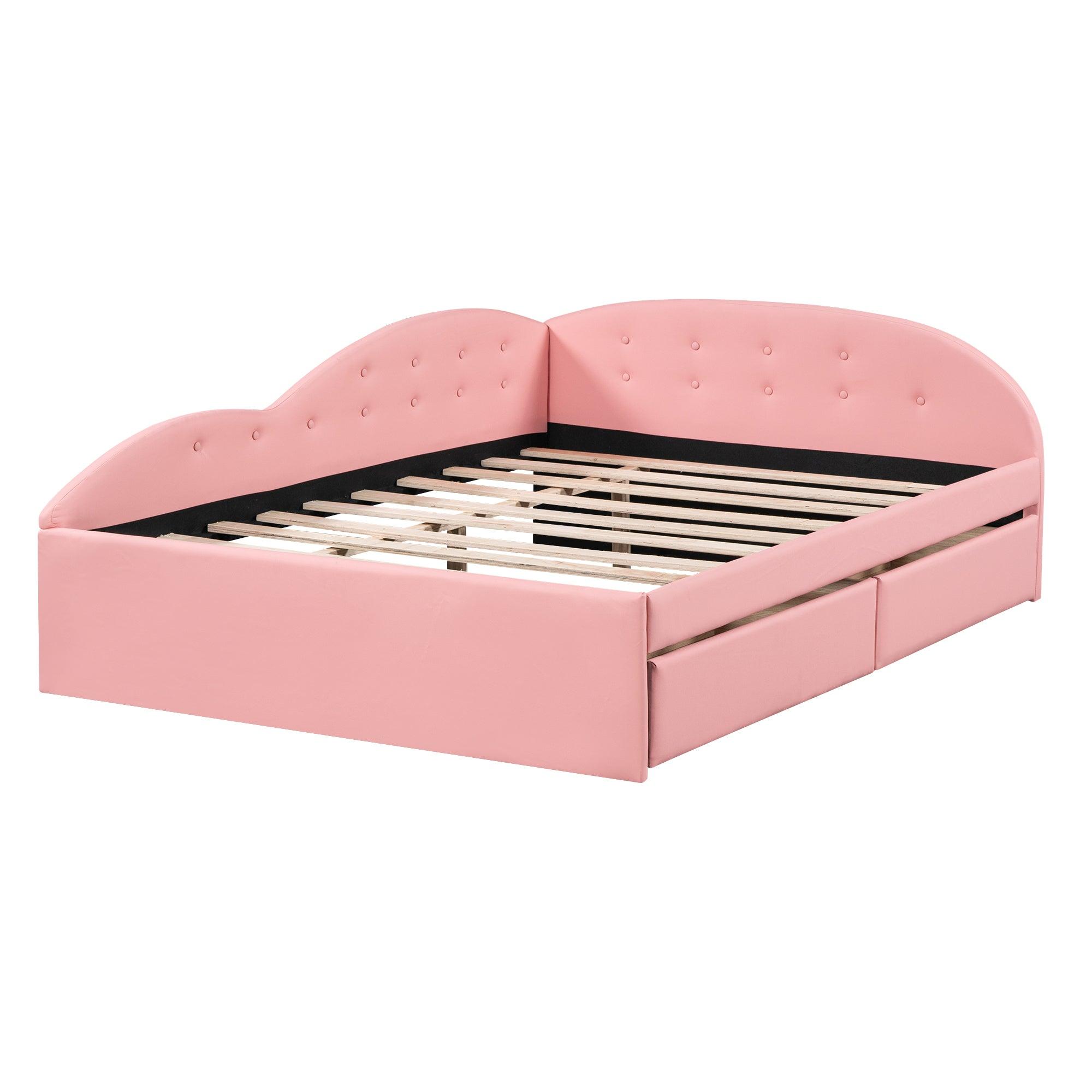 Full Size PU Upholstered Tufted Daybed with Two Drawers and Cloud Shaped Guardrail, Pink