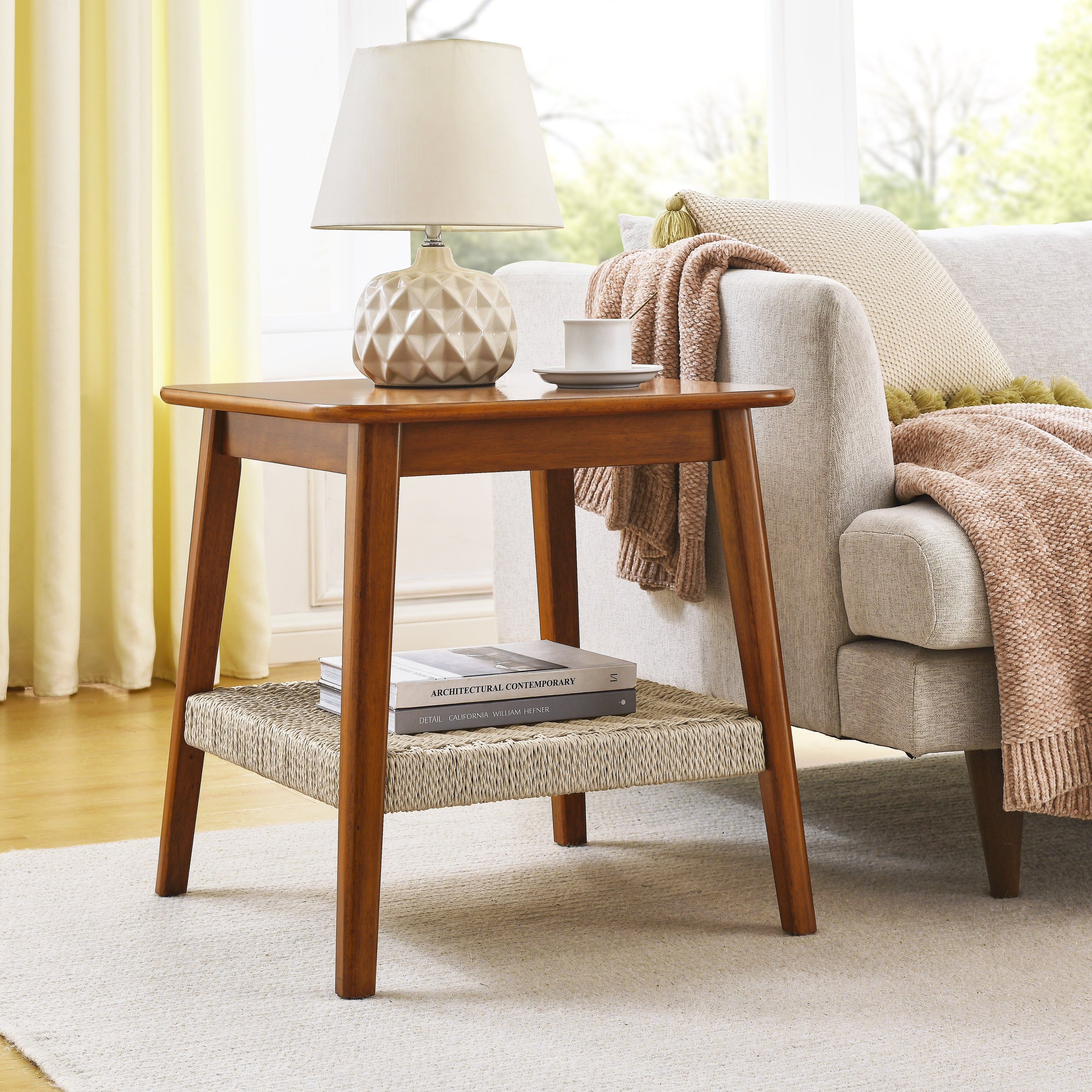 23" Mid-Century Side Table With Woven Shelf, With Storage