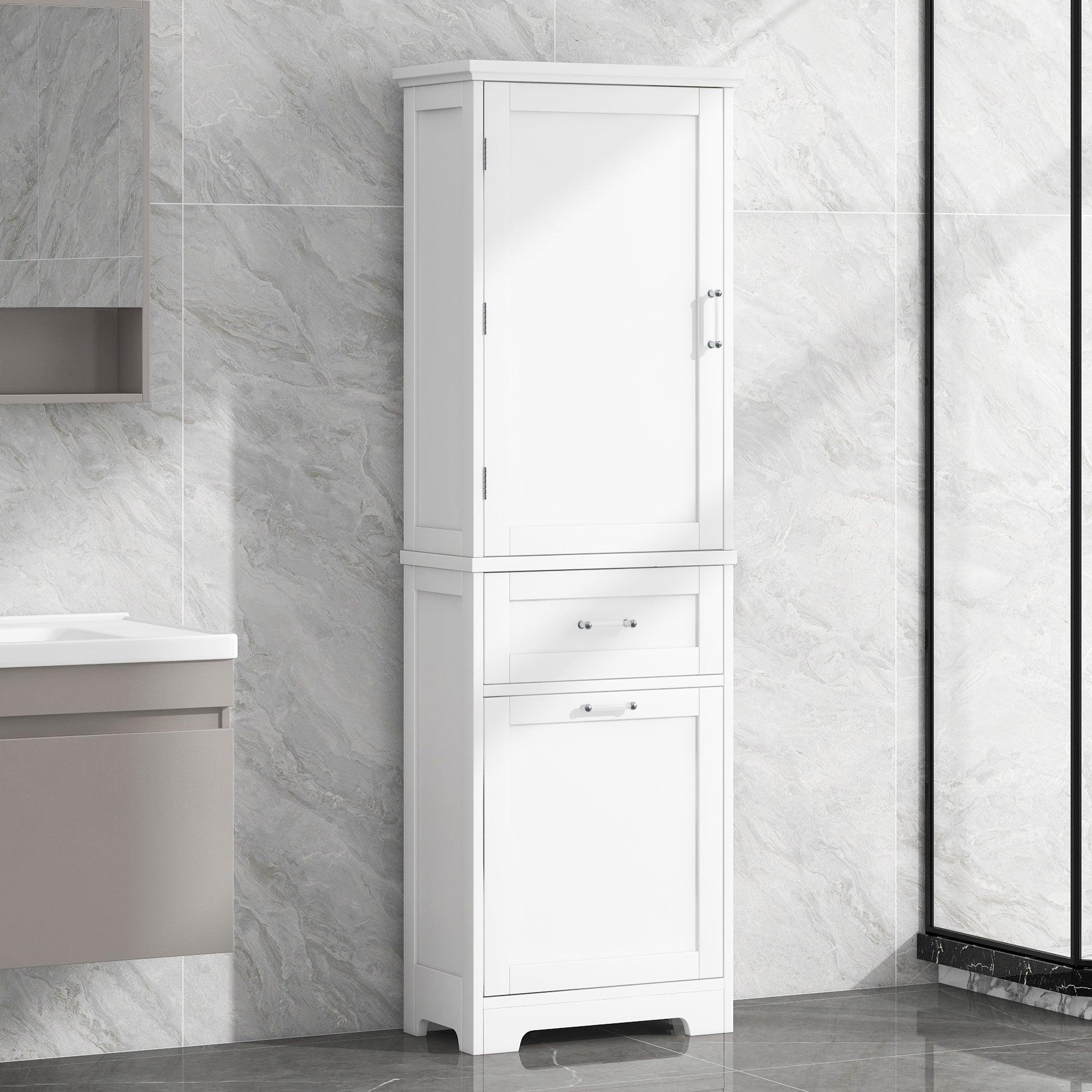 🆓🚛 Tall Bathroom Storage Cabinet, Freestanding Storage Cabinet With Two Different Size Drawers & Adjustable Shelf, Mdf Board With Painted Finish, White