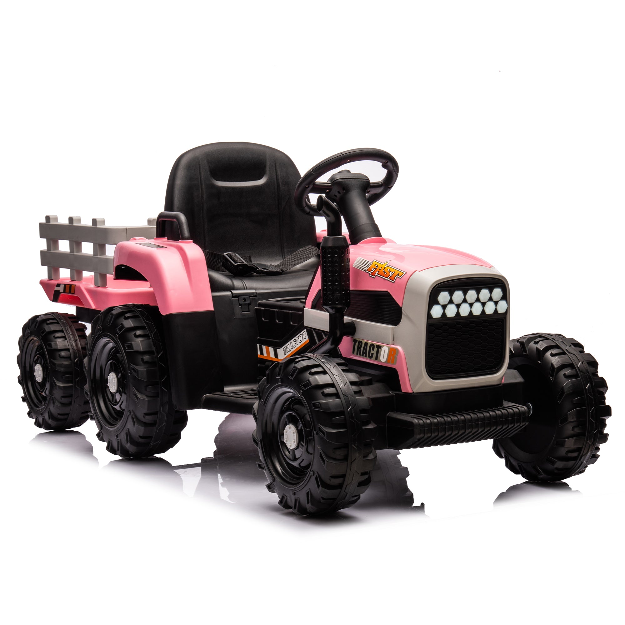 🆓🚛 Ride On Tractor With Trailer, 24V Battery Powered Electric Tractor Toy, 200W*2Motor 1.86-4.97Mph/Remote Control, Electric Car for Kids, Three Speed Adjustable, USB, Mp3, Bluetooth, Led Light, Safety Belt, Pink