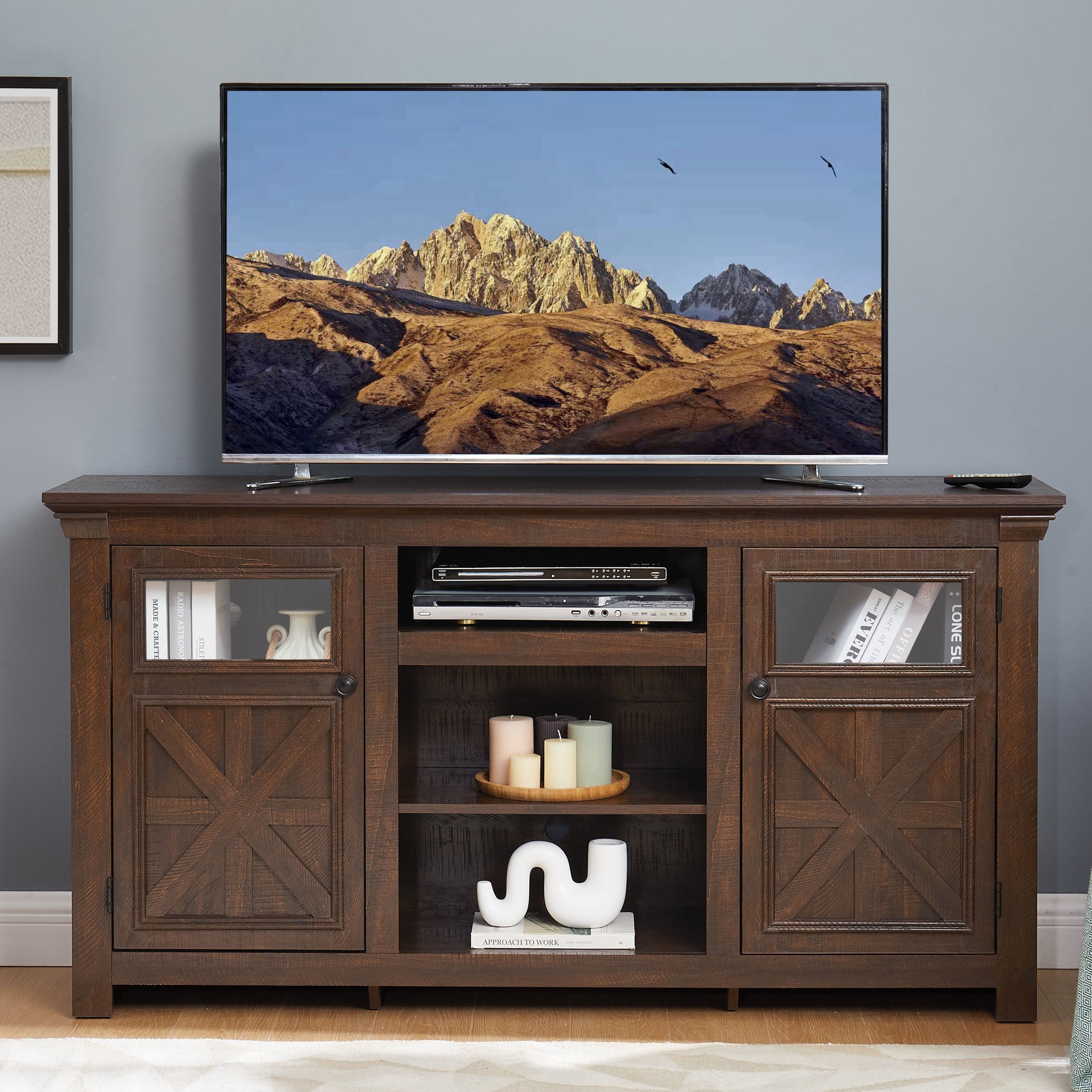 2 Doors Cabinet Farmhouse Cabinet, Farmhouse TV Stand Barn Design, Modern Farmhouse TV Media Stand, Large Barn Inspired Home Entertainment Console, Espresso, 60.23"W*15.35"D*31.7"H