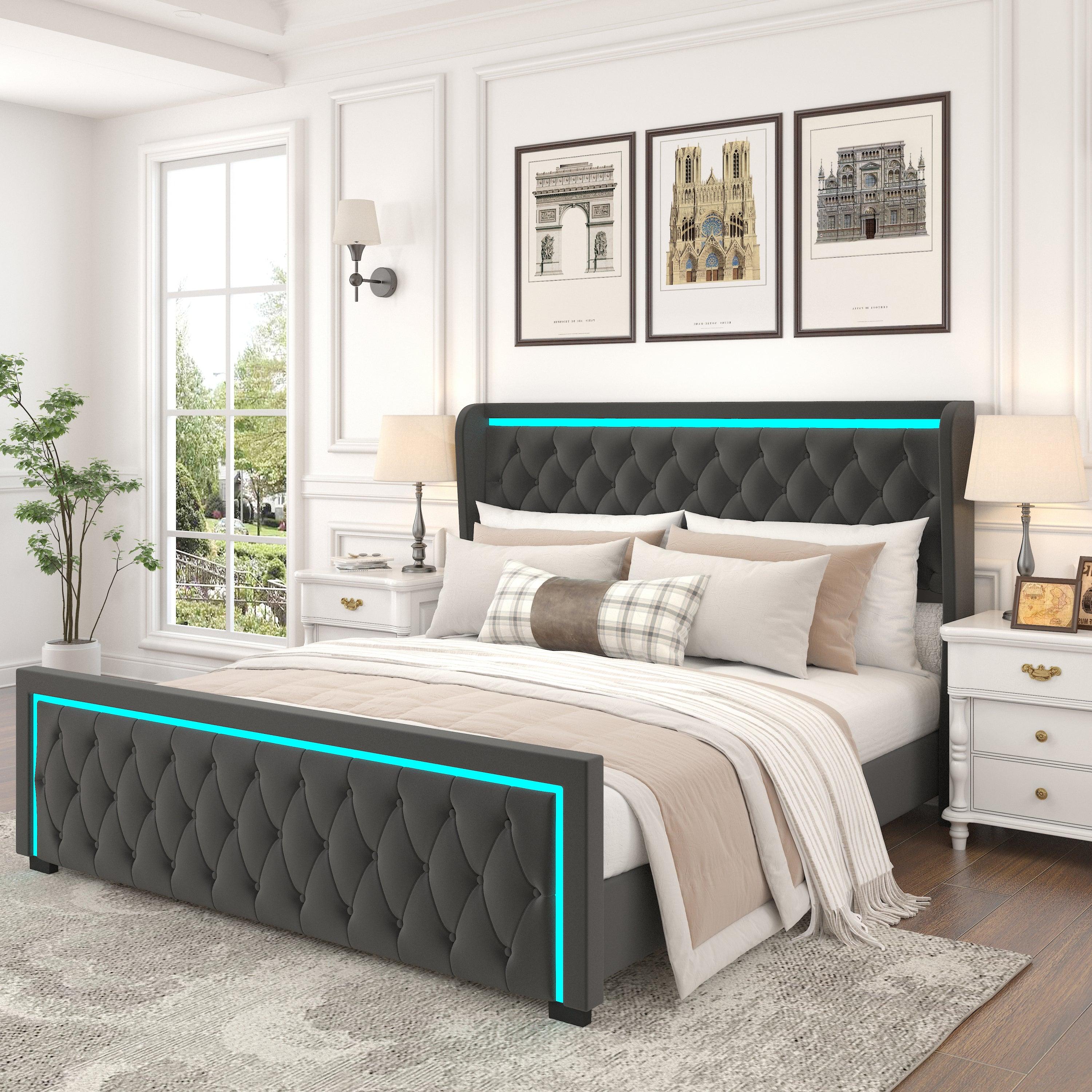 🆓🚛 Queen Platform Bed Frame With High Headboard, Velvet Upholstered Bed With Deep Tufted Buttons, Adjustable Colorful Led Light Decorative Headboard, Wide Wingbacks, Black