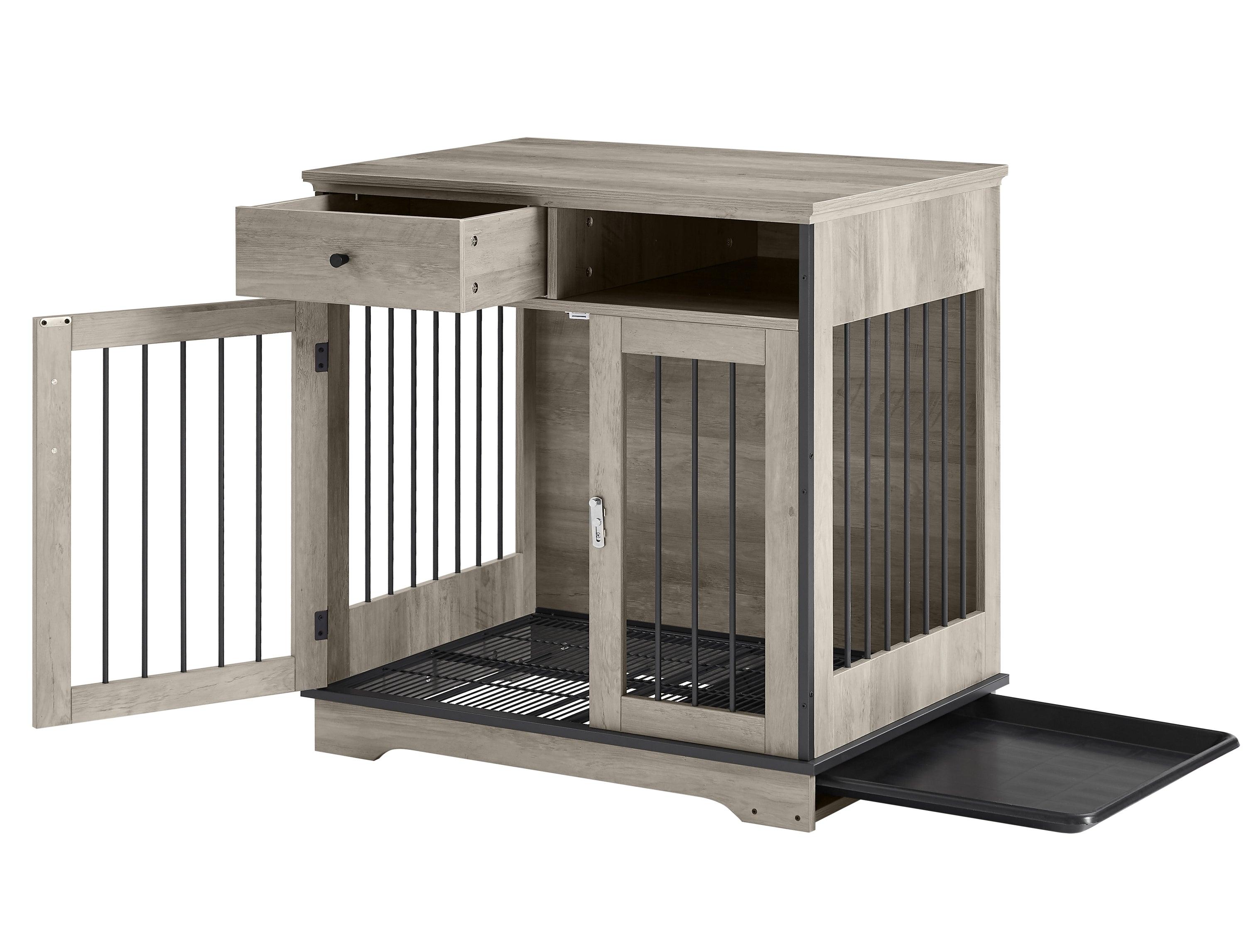 Furniture Dog Crate, Indoor Pet Crate End Tables, Decorative Wooden Kennels With Removable Trays. Grey, 32.3'' W X 22.8'' D X 33.5'' H.