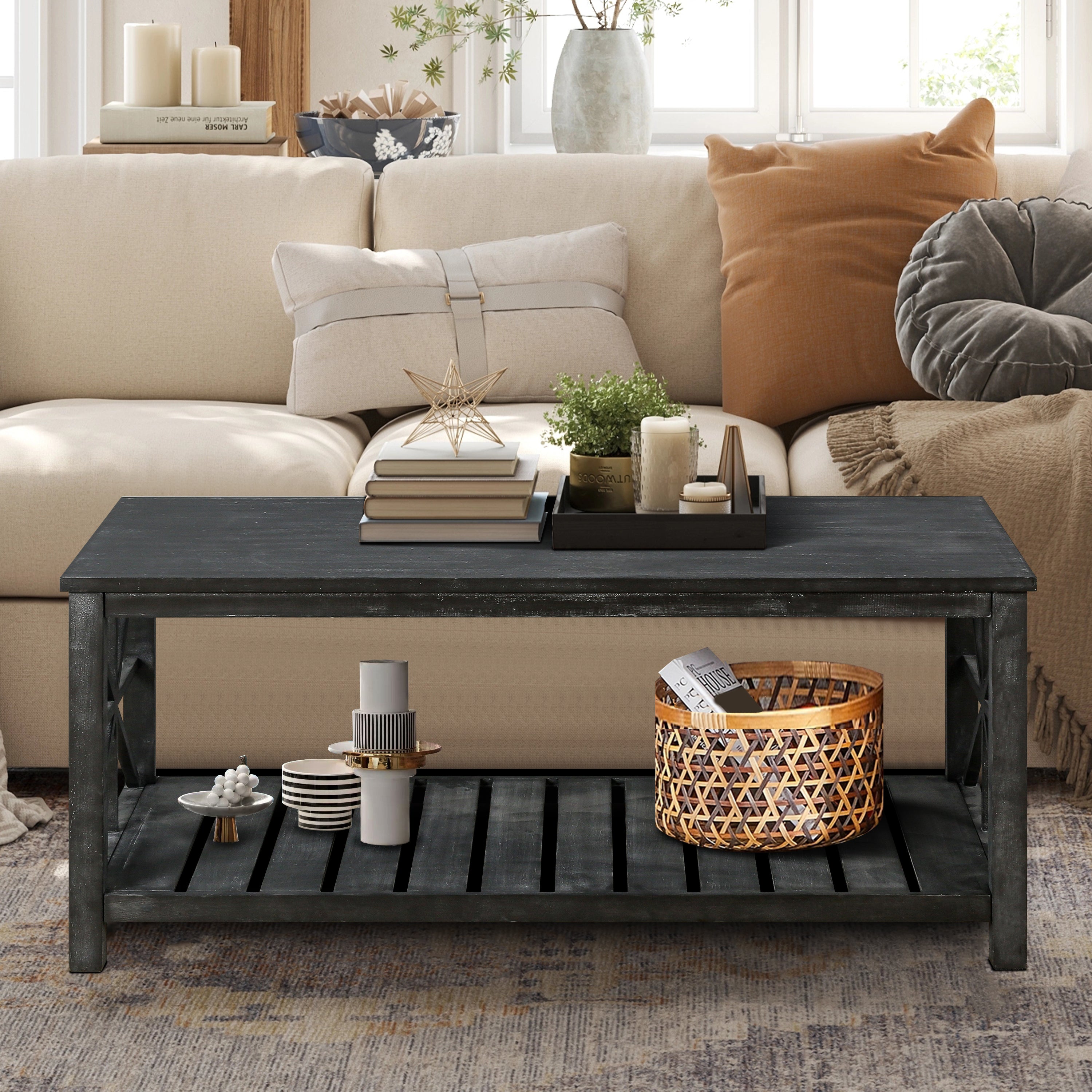 47 Inch Modern Coffee Table With Storage Shelf, Farmhouse Rectangle Living Room Center Table for Small Spaces, Easy Assembly(Antique Black)