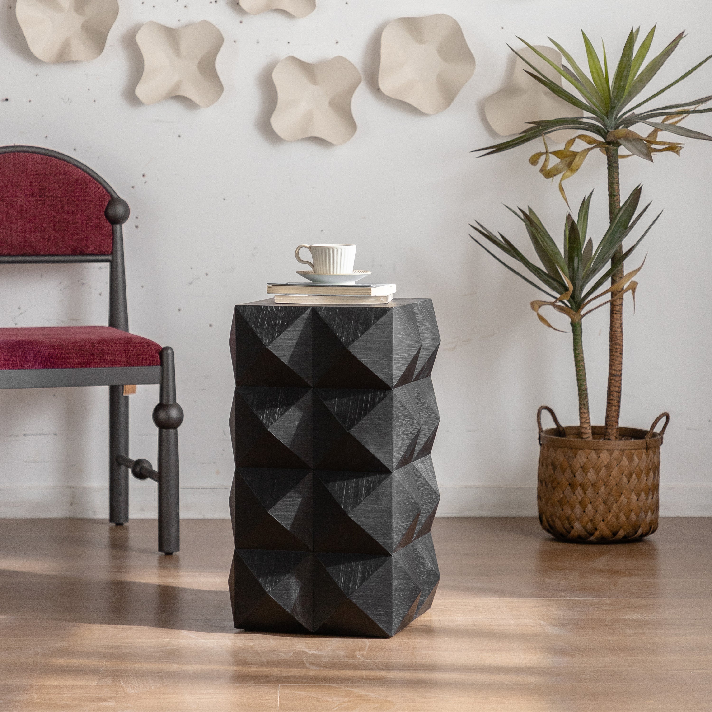 23.62" Height Three-dimensional Embossed Pattern Design Retro Side Table Retro Furniture, Black