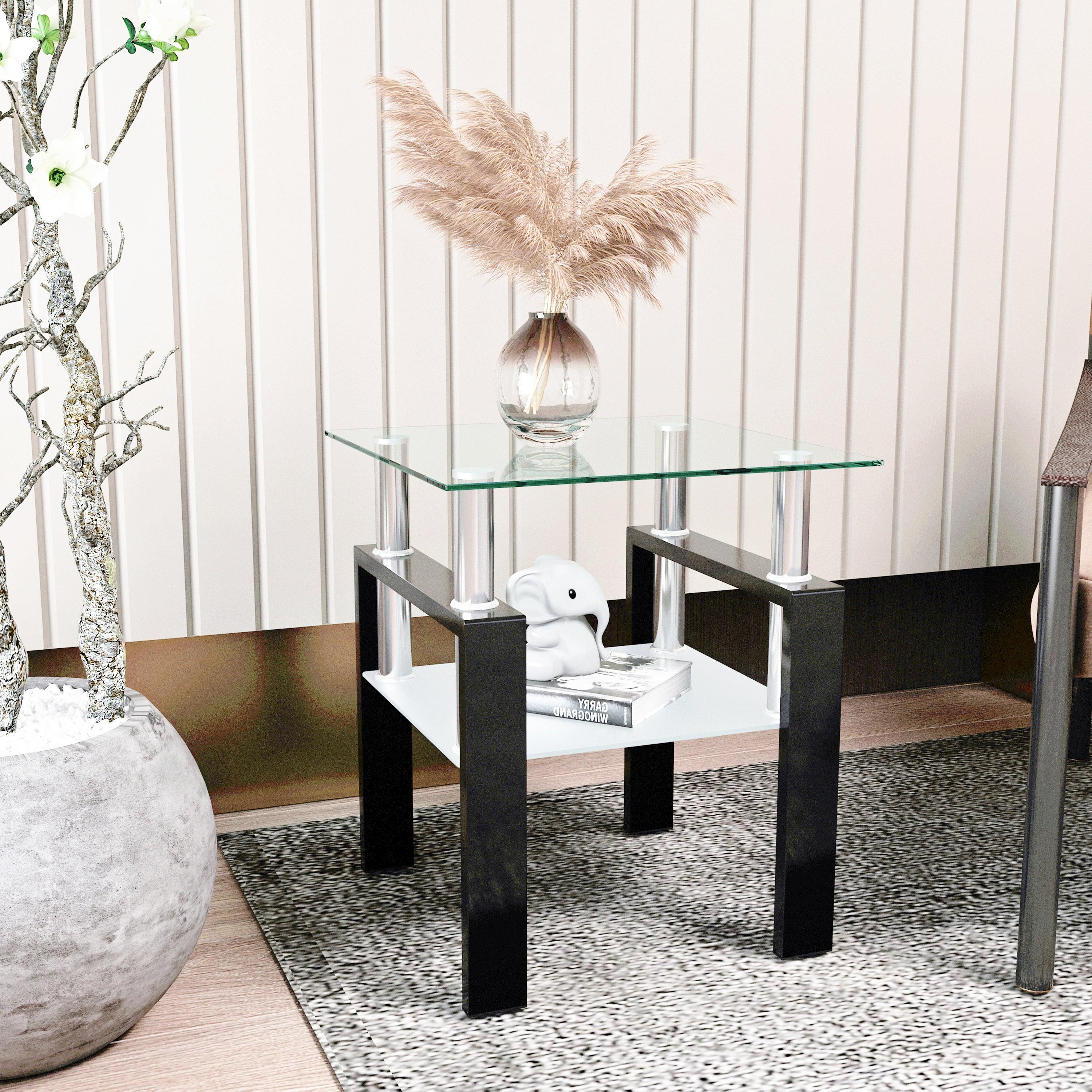 🆓🚛 1-Piece Modern Tempered Glass Tea Table Coffee Table End Table, Square Table for Living Room, Transparent/Black