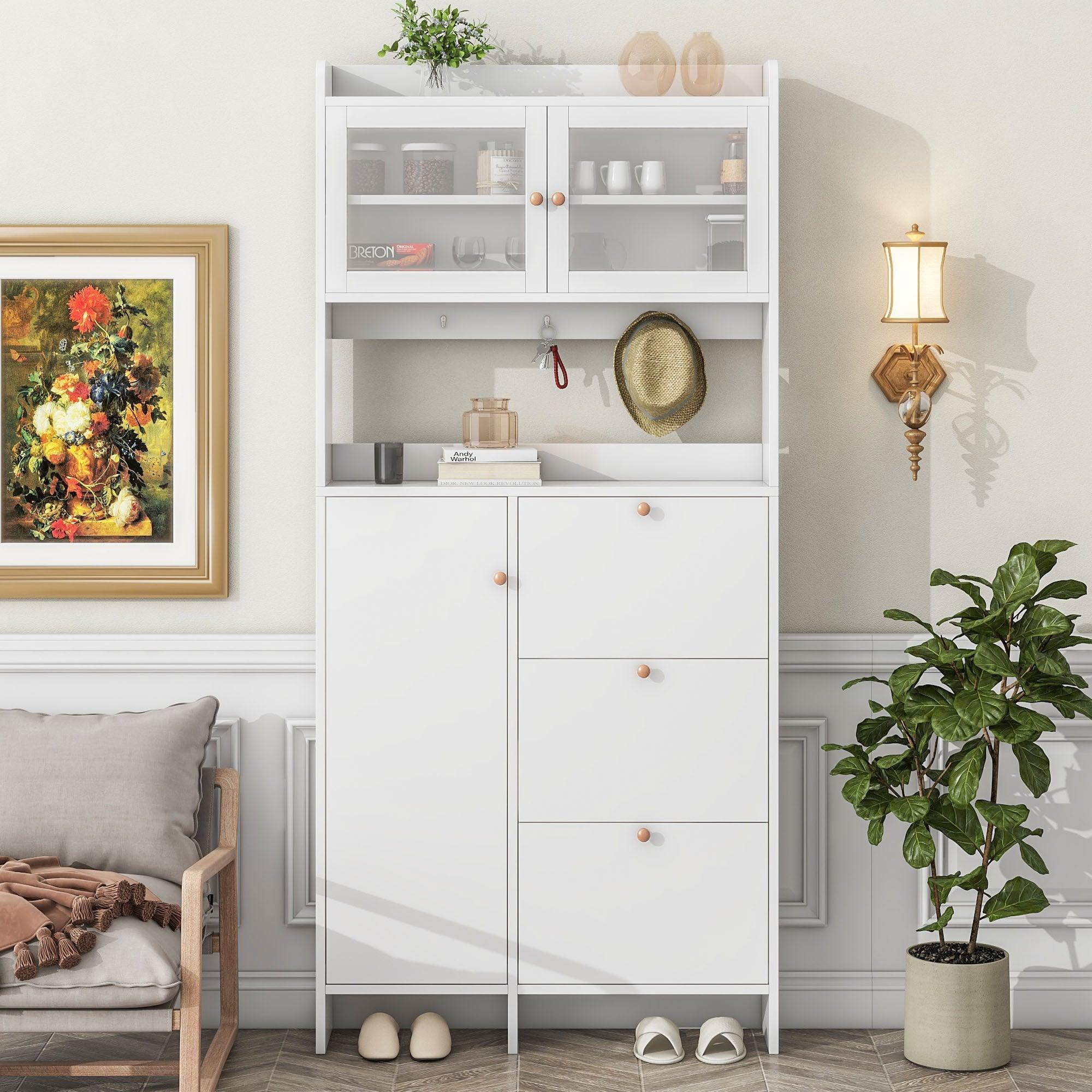 🆓🚛 Modernist Shoe Cabinet With Open Storage Space, Practical Hall Tree With 3 Flip Drawers, Multi-Functional & Integrated Foyer Cabinet With Tempered Glass Doors for Hallway, White