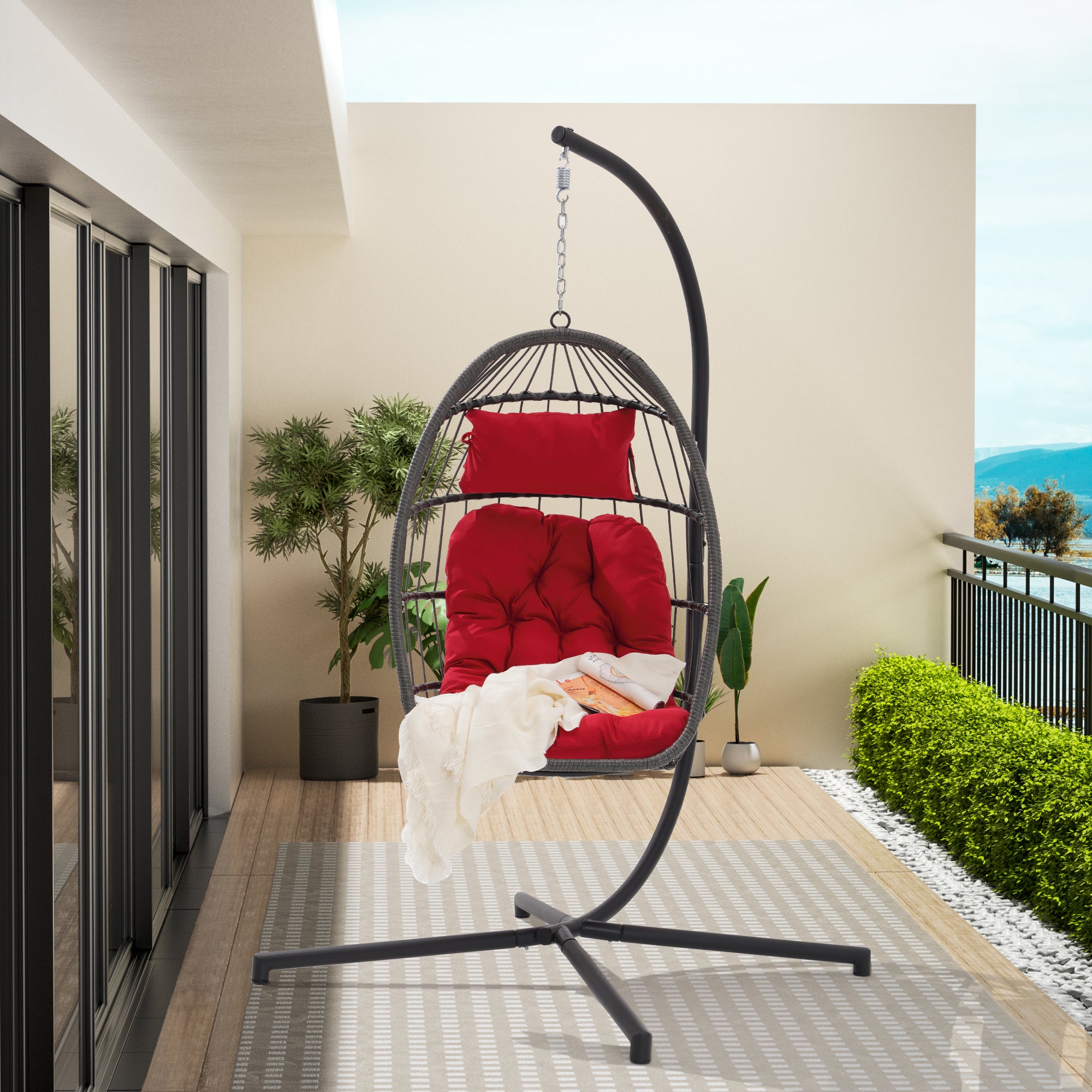 🆓🚛 Outdoor Garden Rattan Egg Swing Chair Hanging Chair PE Chair, Red Cushion