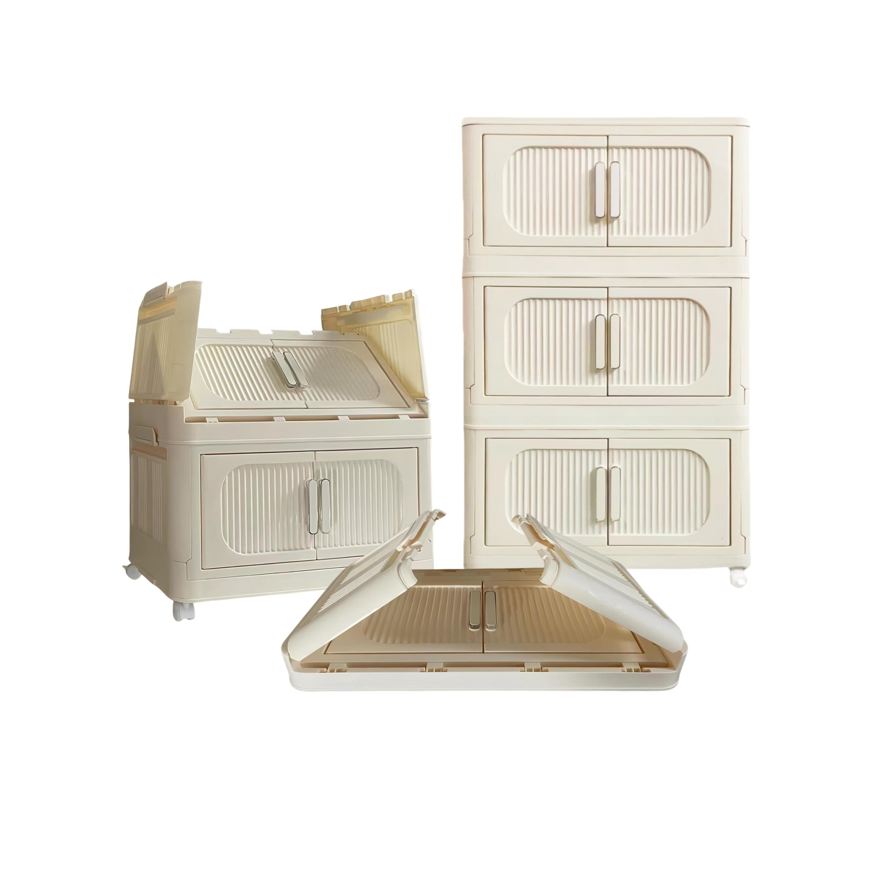 Cream White 19.69" Side Wide Folding Storage Cabinet, 3 Tiers, 19.69"×11.81"×31.1", Collapsible Storage Bins With Magnetic Door, Plastic Storage Cabinet With Wheels