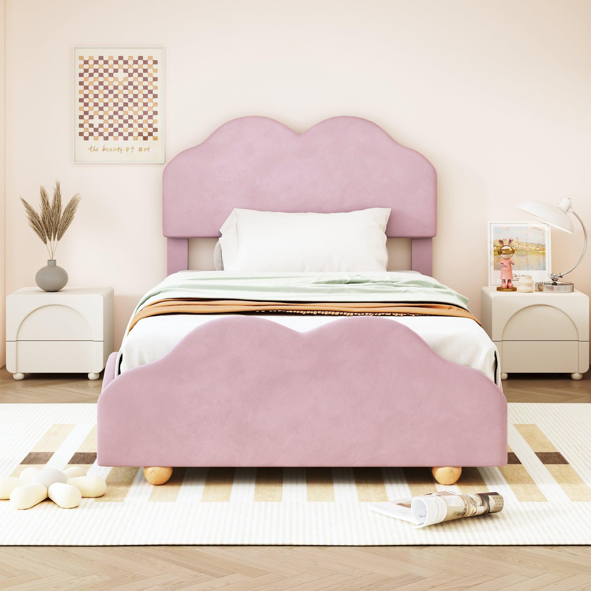 🆓🚛 Twin Size Upholstered Platform Bed With Cloud Shaped Bed Board, Light Pink