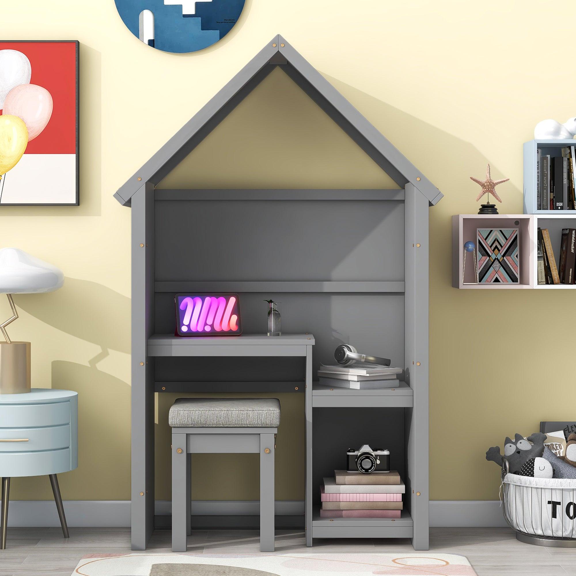 🆓🚛 House-Shaped Desk With Cushion Stool, Gray