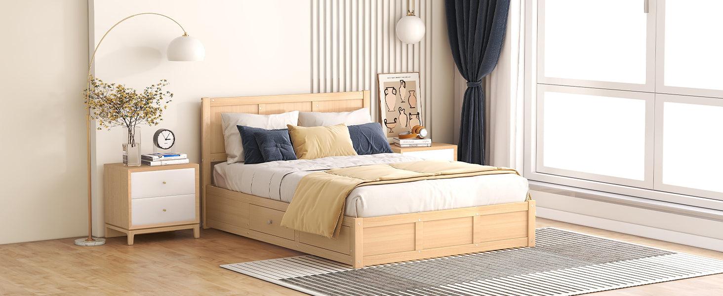 Full Size Wood Platform Bed with Underneath Storage and 2 Drawers, Wood Color