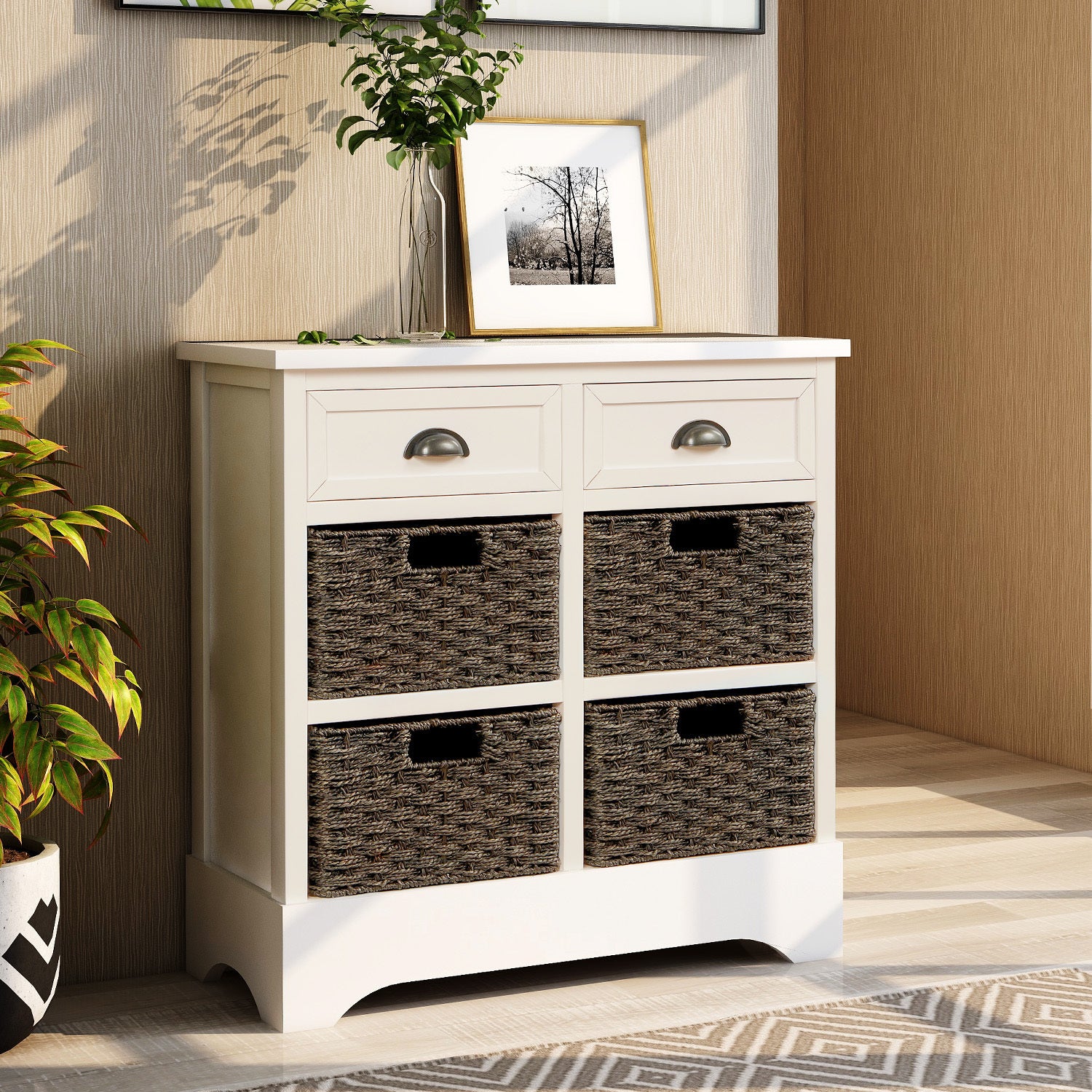 🆓🚛 Rustic Storage Cabinet With Two Drawers and Four Classic Rattan Basket for Dining Room/Living Room (White)