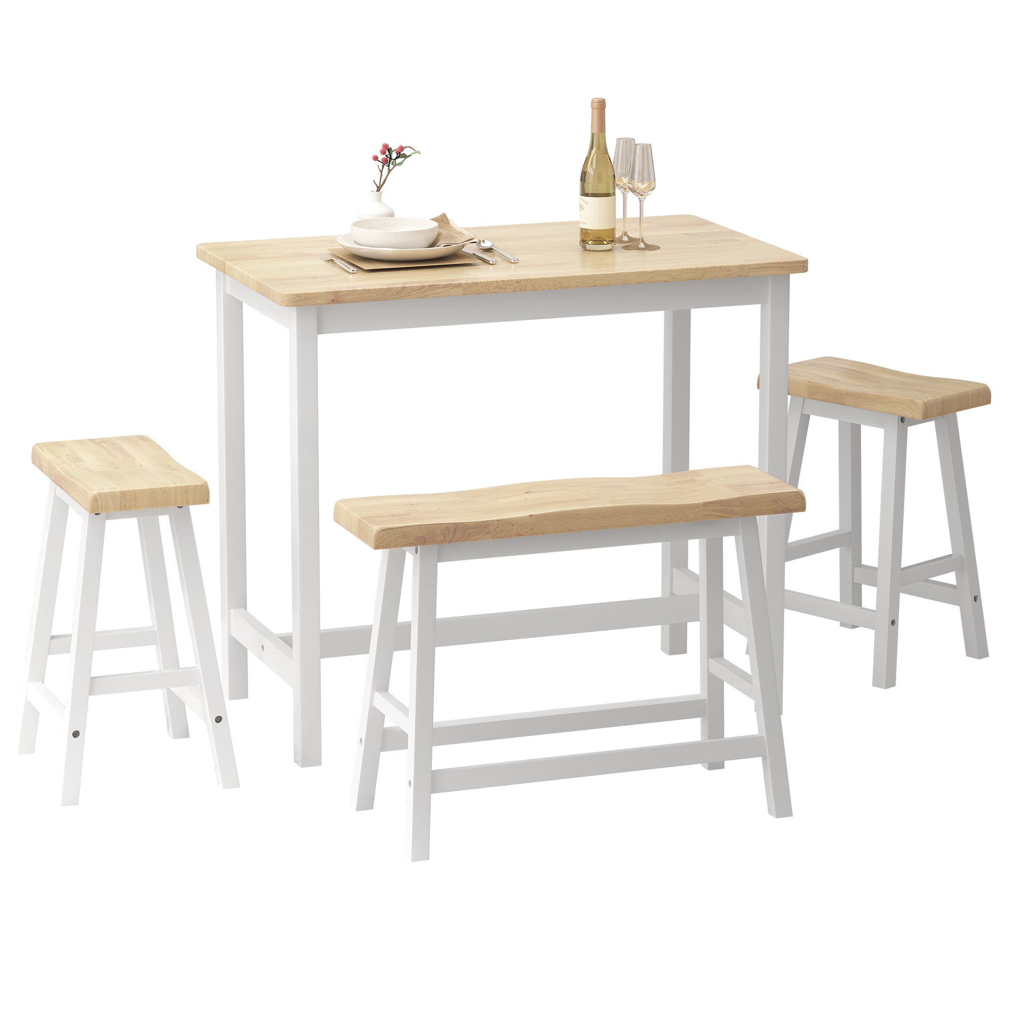 4 Pcs Modern Bar Dining Table Set for 4, Counter Height Table Bench Stool for Small Space Kitchen, Natural Color & White