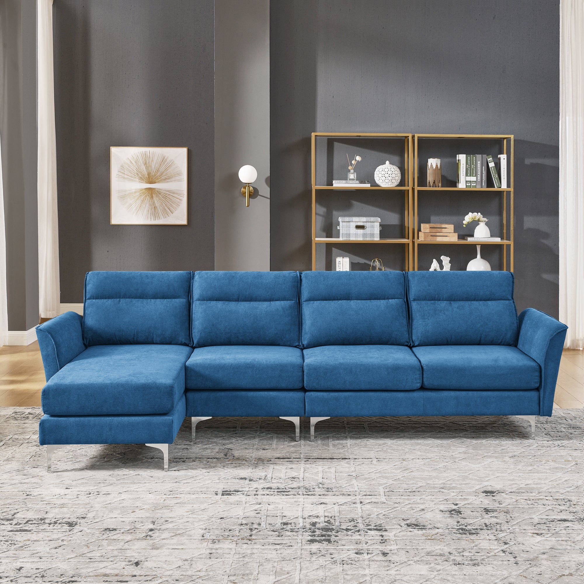 113" Modern Sofa 4-Seat Couch With Stainless Steel Trim and Metal Legs for Living Room, New Package Compression Sofa Technology, Navy Blue