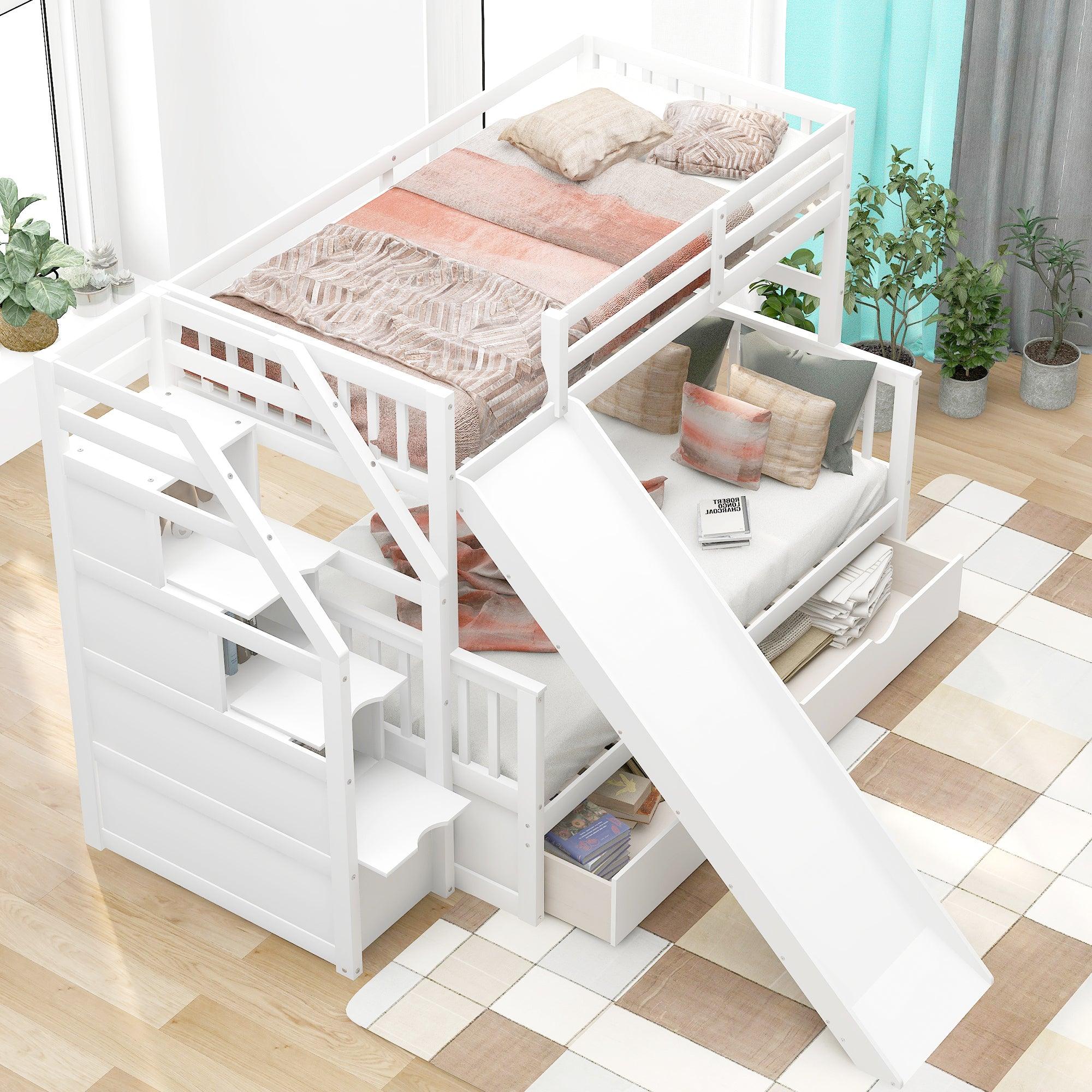 🆓🚛 Twin Over Full Bunk Bed With Drawers, Storage & Slide, Multifunction, White