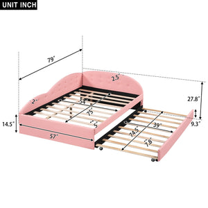 Full Size PU Upholstered Tufted Daybed with Trundle and Cloud Shaped Guardrail, Pink