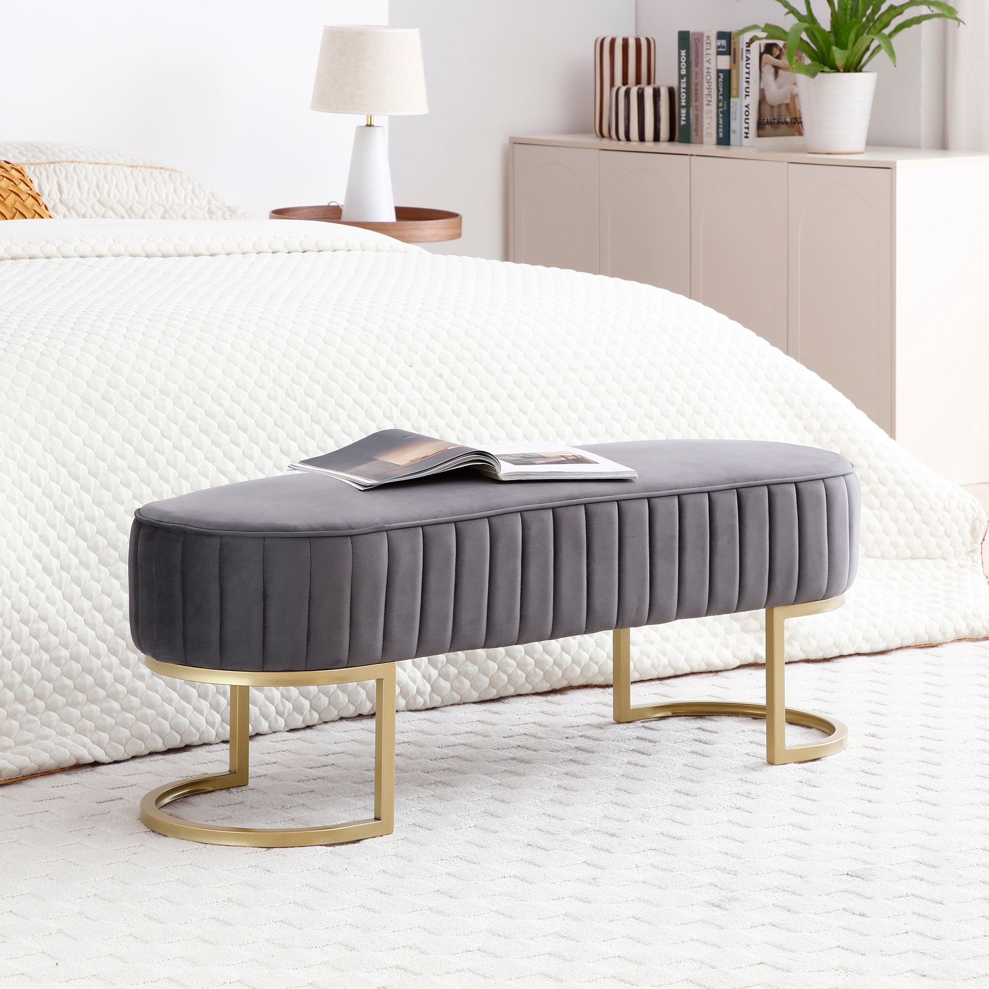 Bench Bedroom Bench, Velvet Oval Upholstered End of Bed Bench With Golden Metal Legs, 48" Modern Storage Ottoman Bench for Bedroomliving Room, Entryway Window, Grey