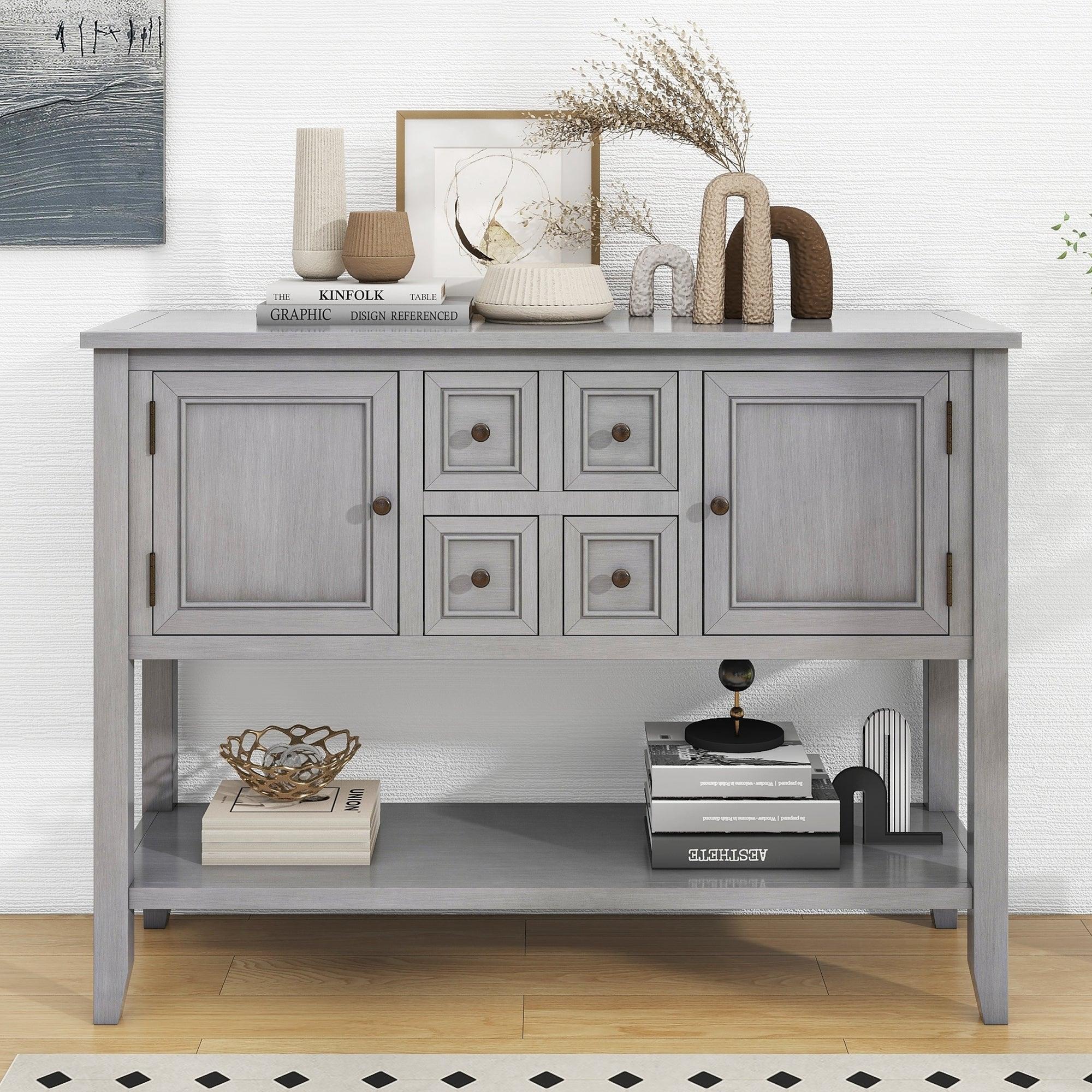 🆓🚛 Cambridge Series Ample Storage Vintage Console Table With Four Small Drawers & Bottom Shelf for Living Rooms, Entrances & Kitchens, Antique Gray