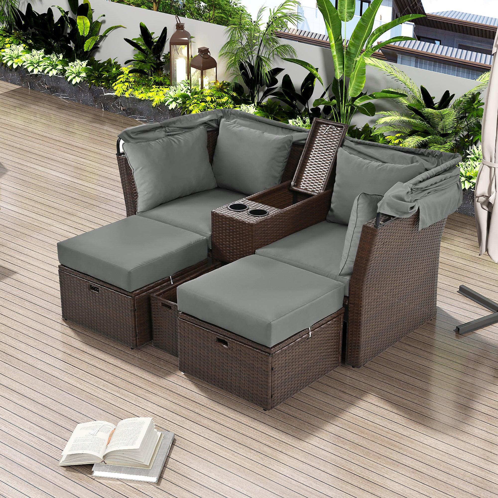 🆓🚛 2-Seater Outdoor Patio Daybed Outdoor Double Daybed Outdoor Loveseat Sofa Set with Foldable Awning & Cushions, Gray