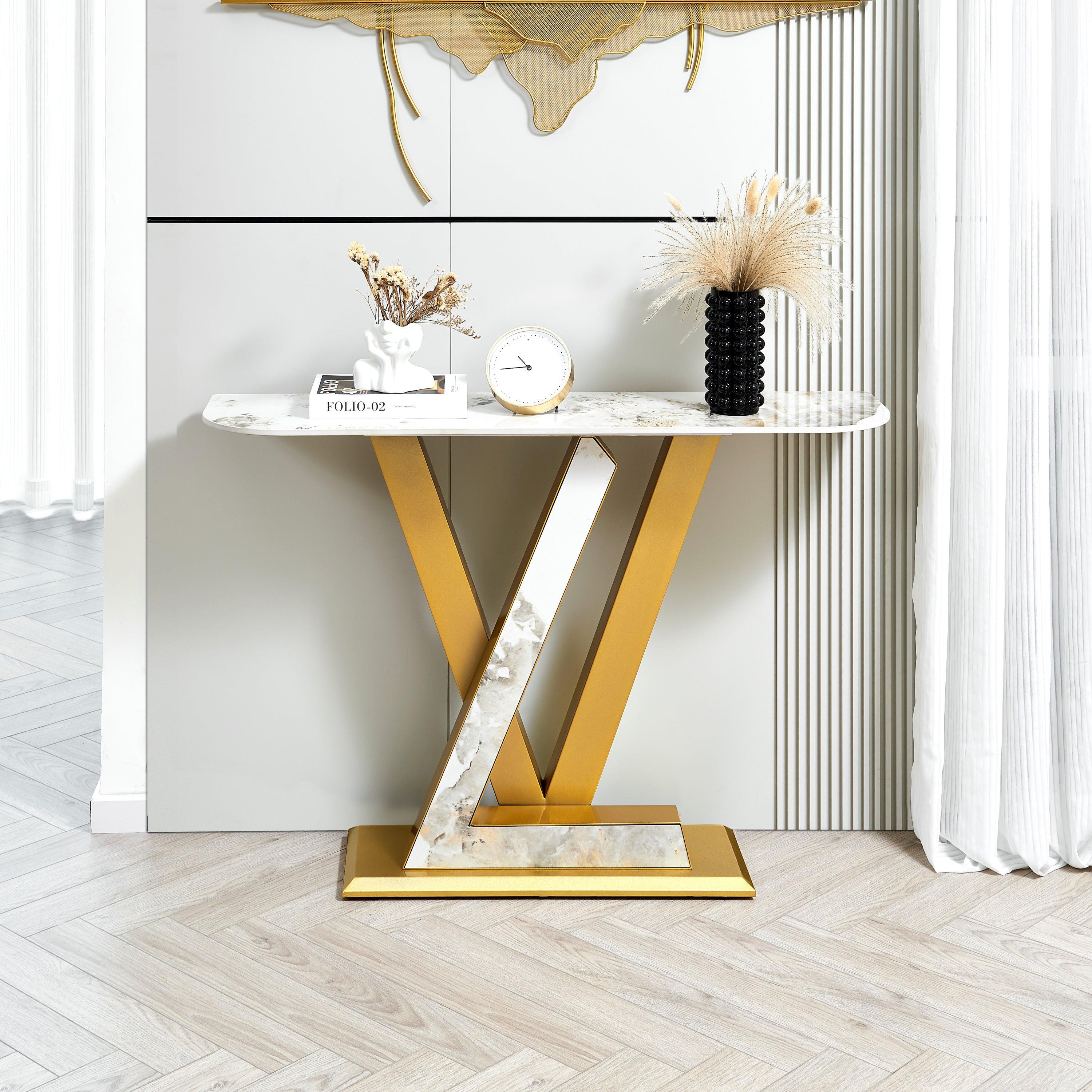 47.2" Modern Console Table, Exquisite shape design, Metal Frame with Adjustable foot pads for Entrance, Corridor, Living room   &   Office.(Gold)