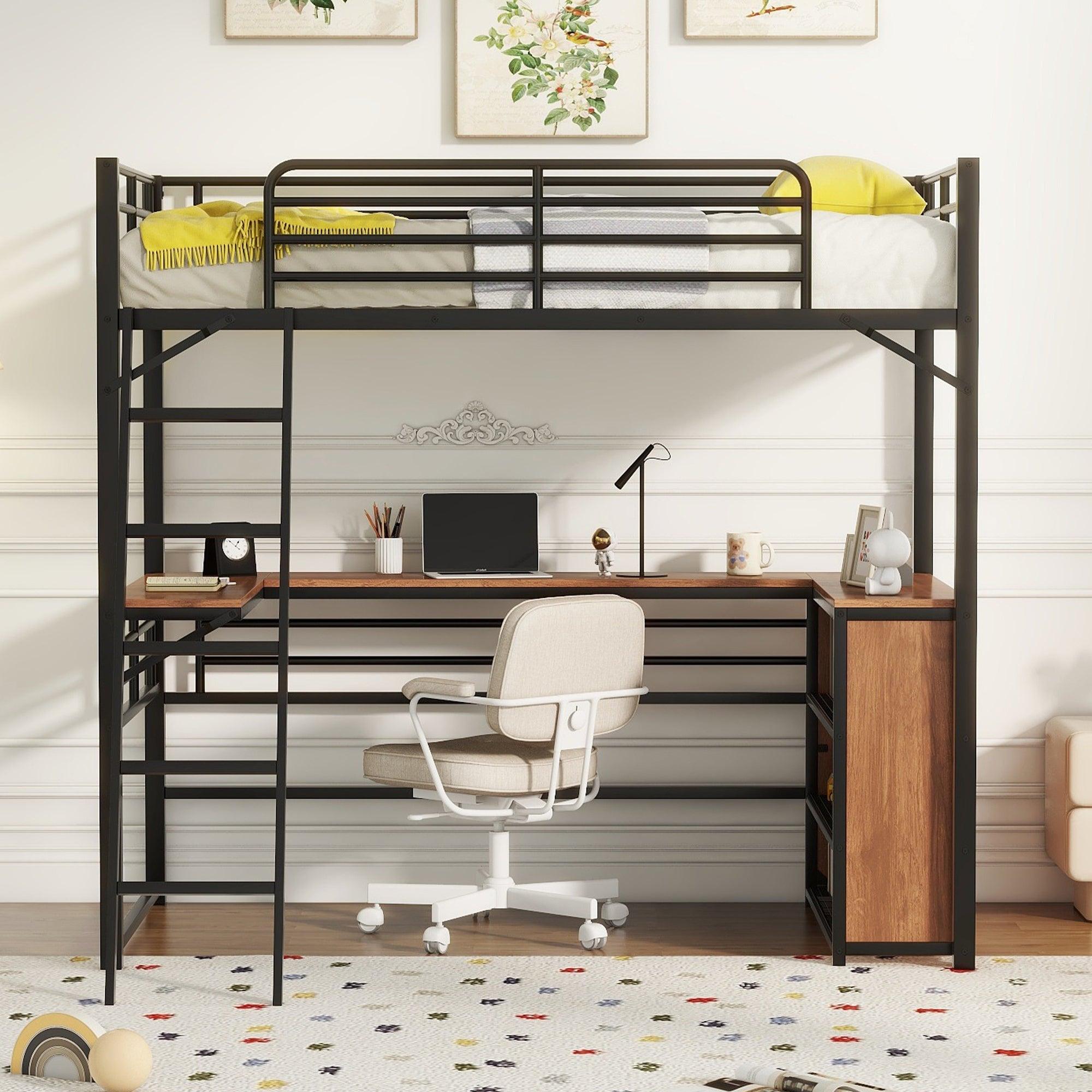 🆓🚛 Twin Size Metal Loft Bed With 3 Layers Of Shelves & L-Shaped Desk, Black