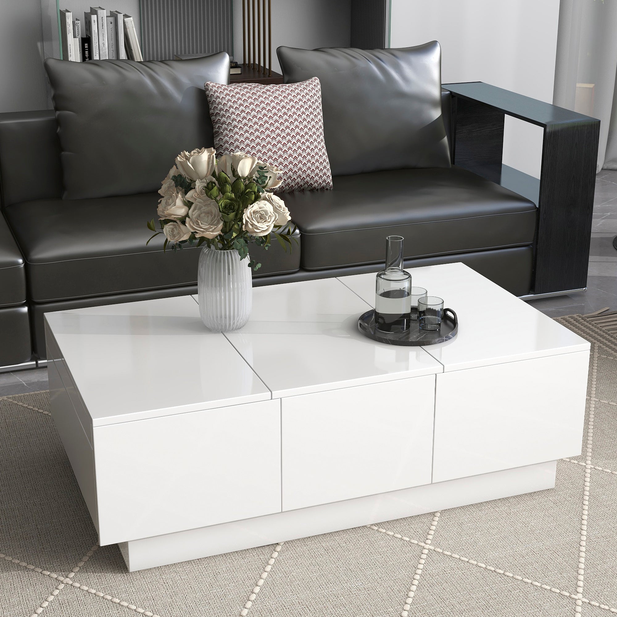 🆓🚛 Multifunctional Coffee Table With 2 Large Hidden Storage Compartment, Extendable Cocktail Table With 2 Drawers, High-Gloss Center Table With Sliding Top for Living Room, 39.3"X21.6", White