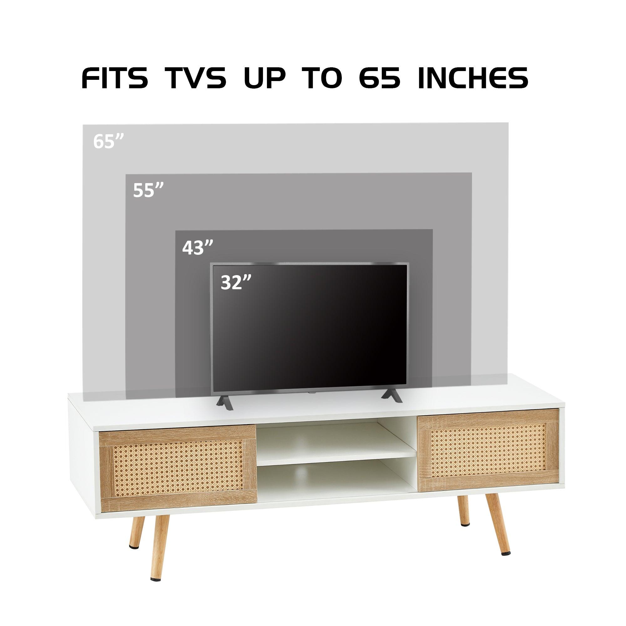 55.12" Rattan TV cabinet, double sliding doors for storage,  adjustable shelf, solid wood legs, TV console for living room , White