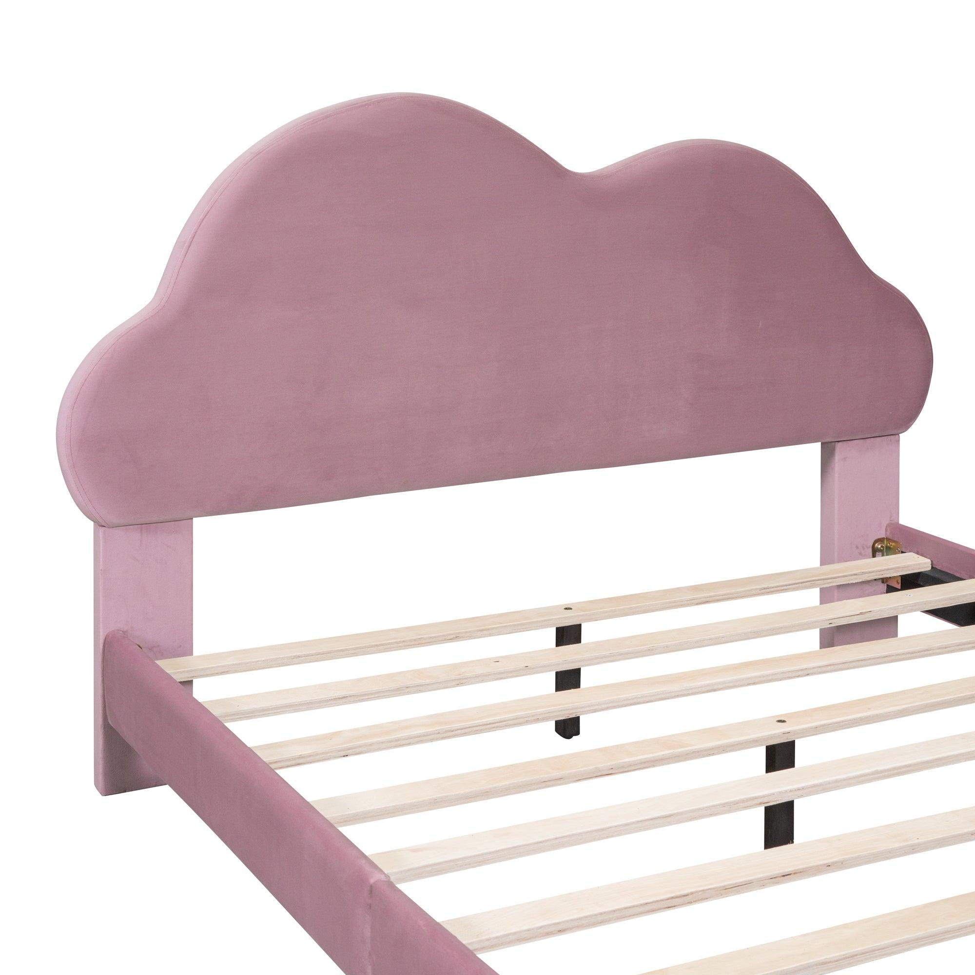 Full size Upholstered Cloud-Shape Bed , Velvet Platform Bed with Headboard, No Box-spring Needed, Pink