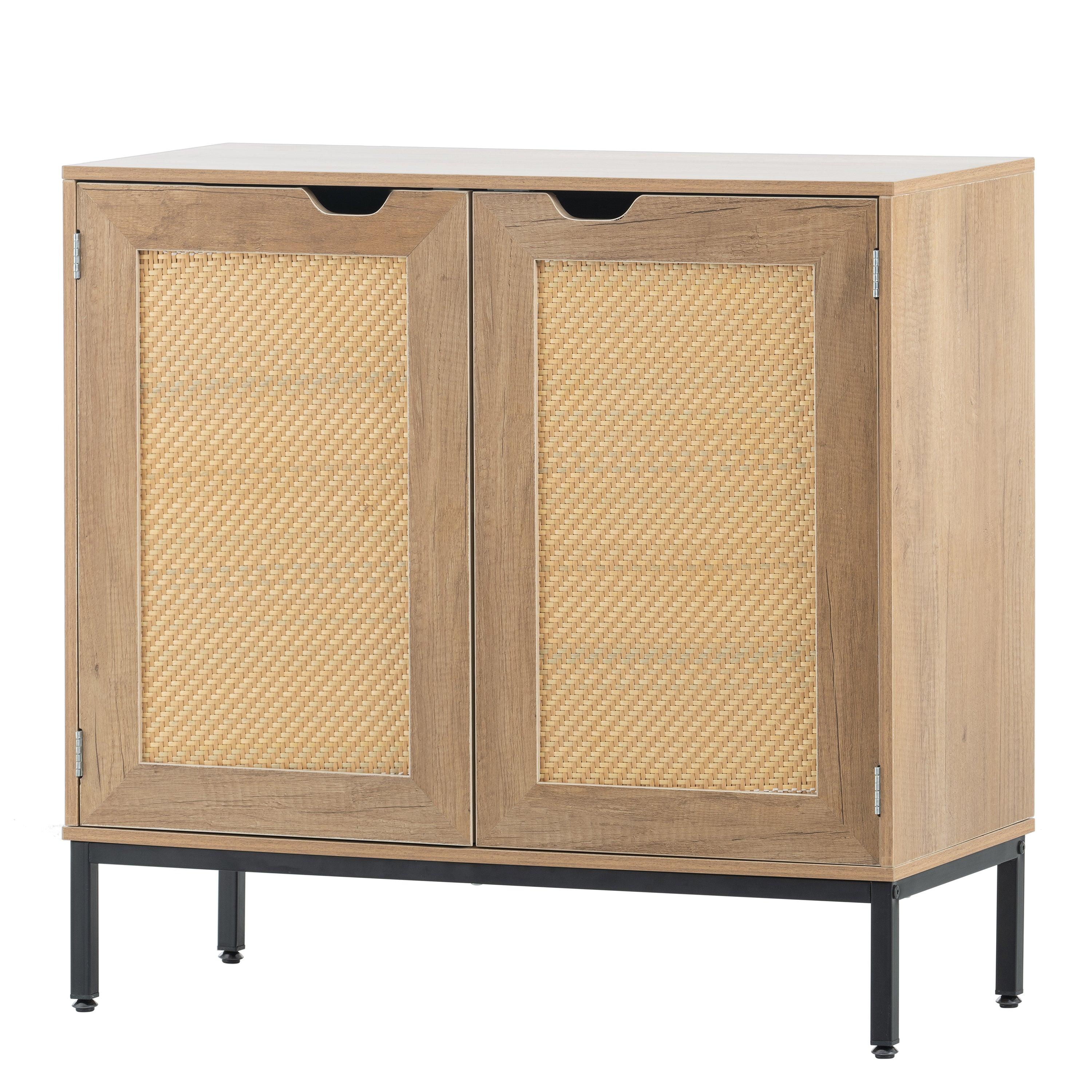 🆓🚛 Rustic Accent Storage Cabinet With 2 Rattan Doors, Mid Century Natural Wood Sideboard Furniture for Living Room