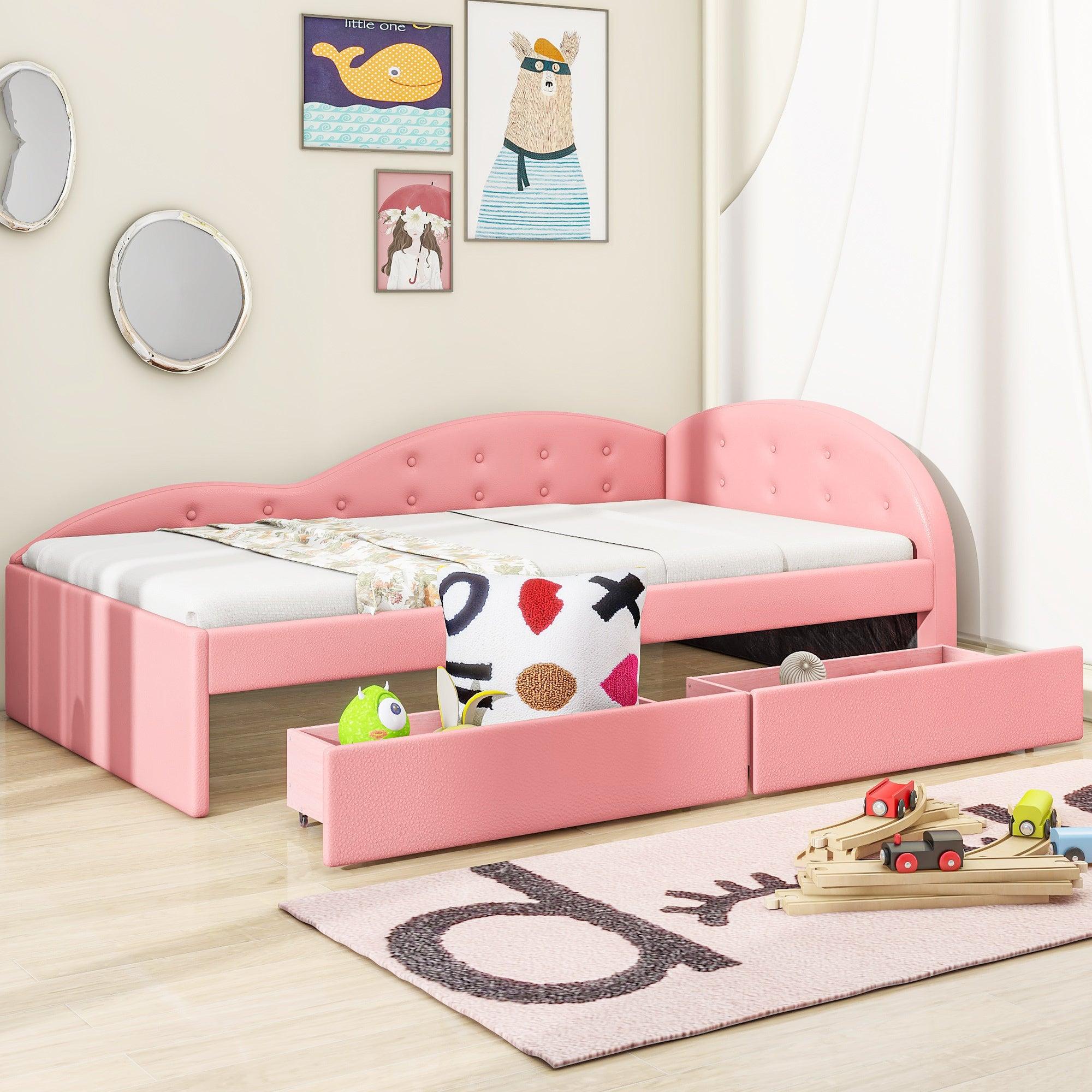 🆓🚛 Twin Size Pu Upholstered Tufted Daybed With Two Drawers & Cloud Shaped Guardrail, Pink