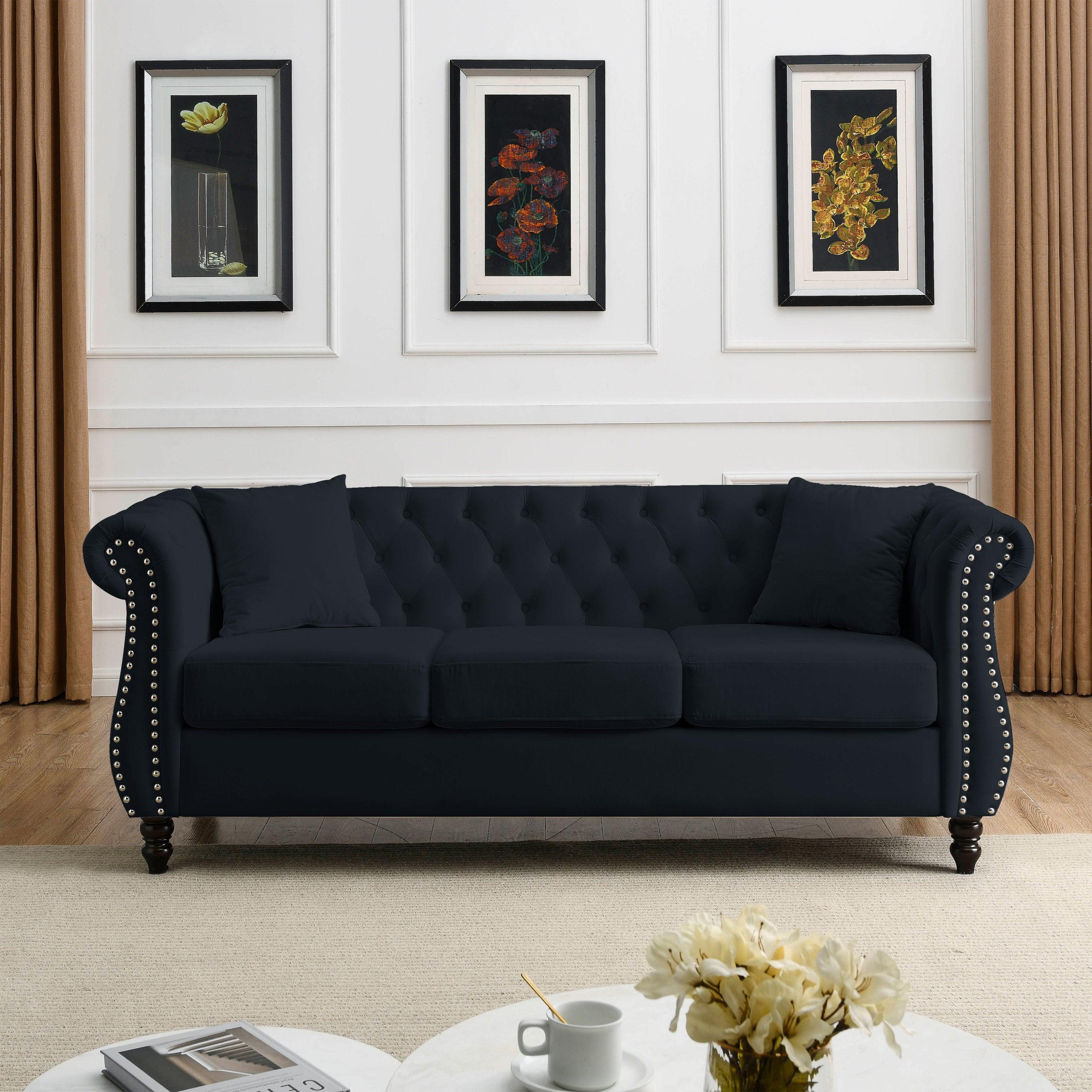 🆓🚛 80" Chesterfield Sofa Black Velvet for Living Room, 3 Seater Sofa Tufted Couch With Rolled Arms & Nailhead for Living Room, Bedroom, Office, Apartment, Two Pillows
