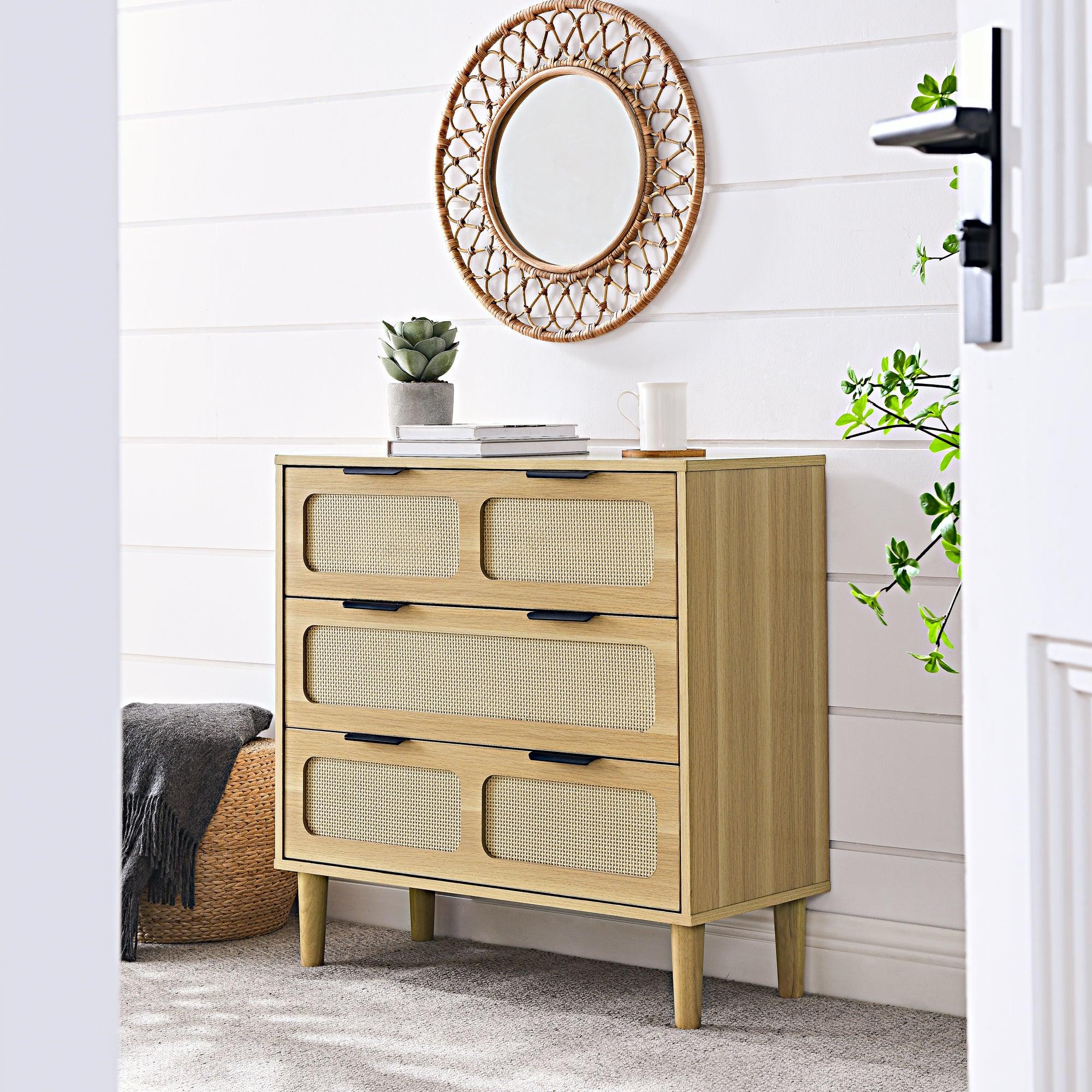 🆓🚛 3 Drawer Dresser, Modern Rattan Dresser Cabinet With Wide Drawers & Metal Handles, Farmhouse Wood Storage Drawer Chest for Bedroom, Living Room, Hallway, Entrance