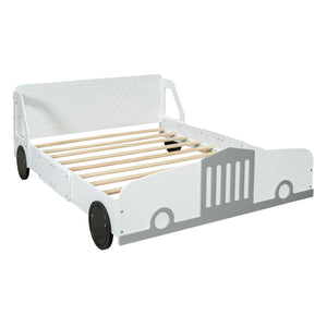 Full Size Car-Shaped Platform Bed with Wheels, White