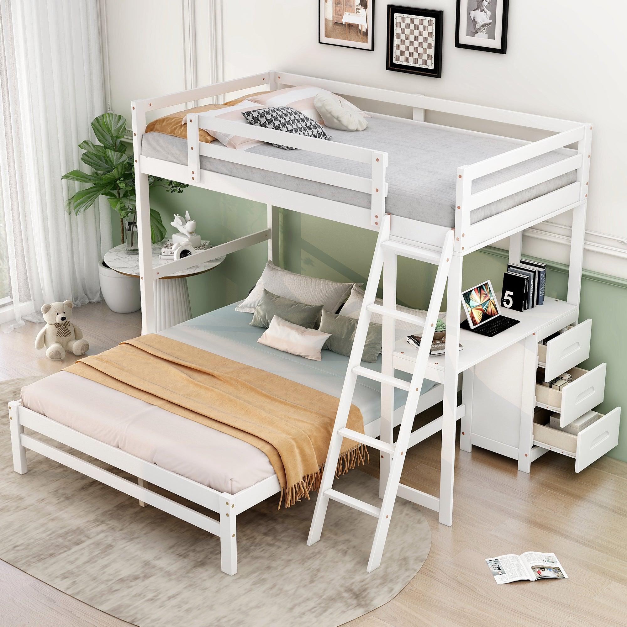 🆓🚛 Twin Over Full Bunk Bed With Built-in Desk & Three Drawers, White