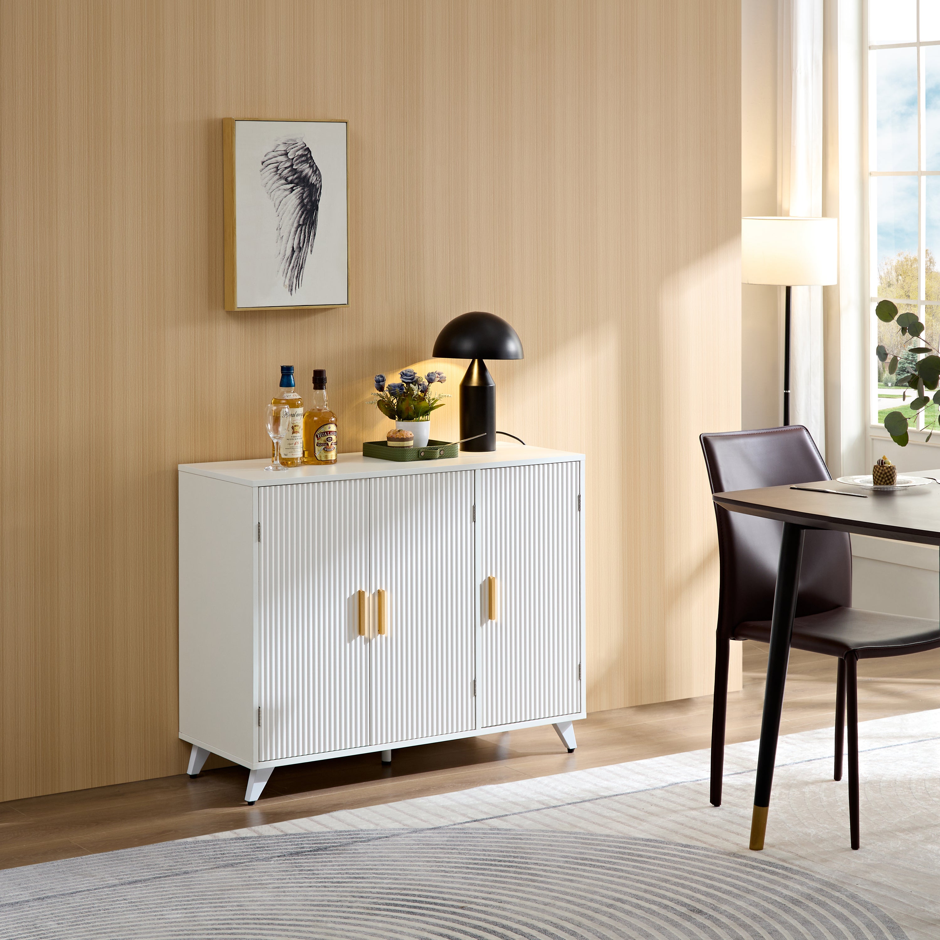 Sideboard With Wavy Texture Buffet Cabinet, White Accent Cabinet With Door, Modern Bookcase for Kitchen Living Room, Entrance Way