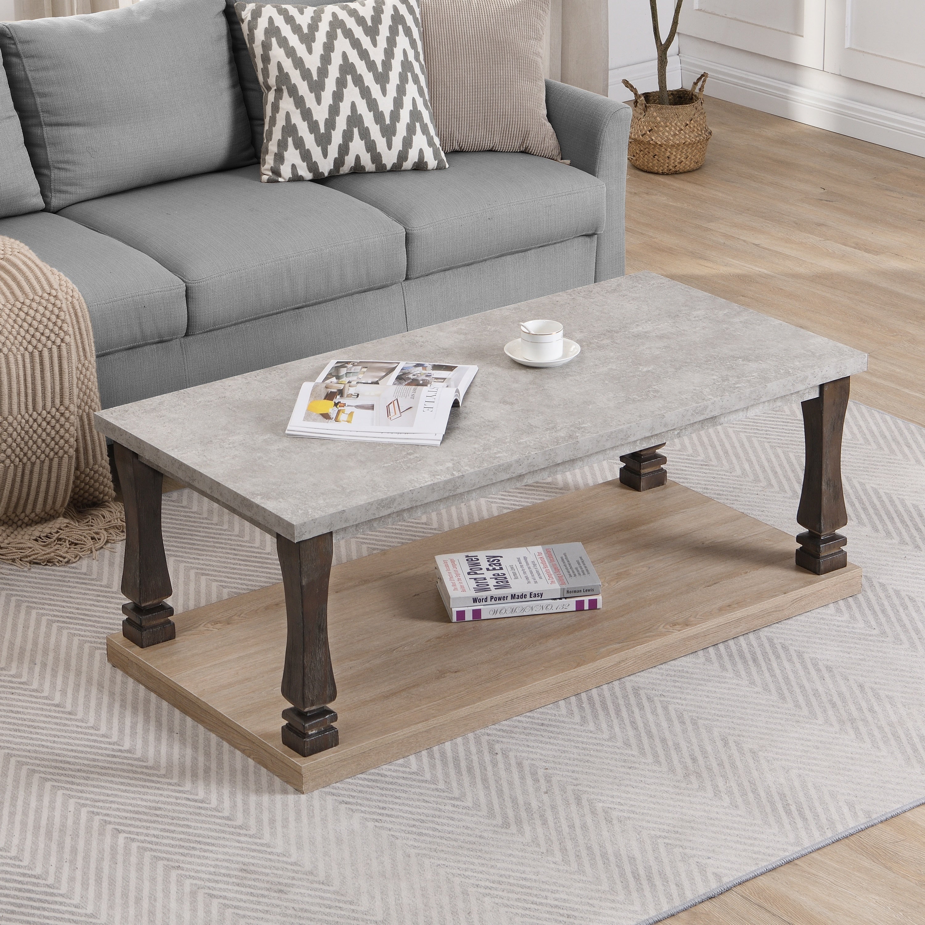 🆓🚛 Rectangle Mid-Century Coffee Table for Living Room, Wood Coffee Table With 2-Tier Storage Shelf, Square Center Table Wooden Accent Cocktail End Table for Home, Gray Tabletop