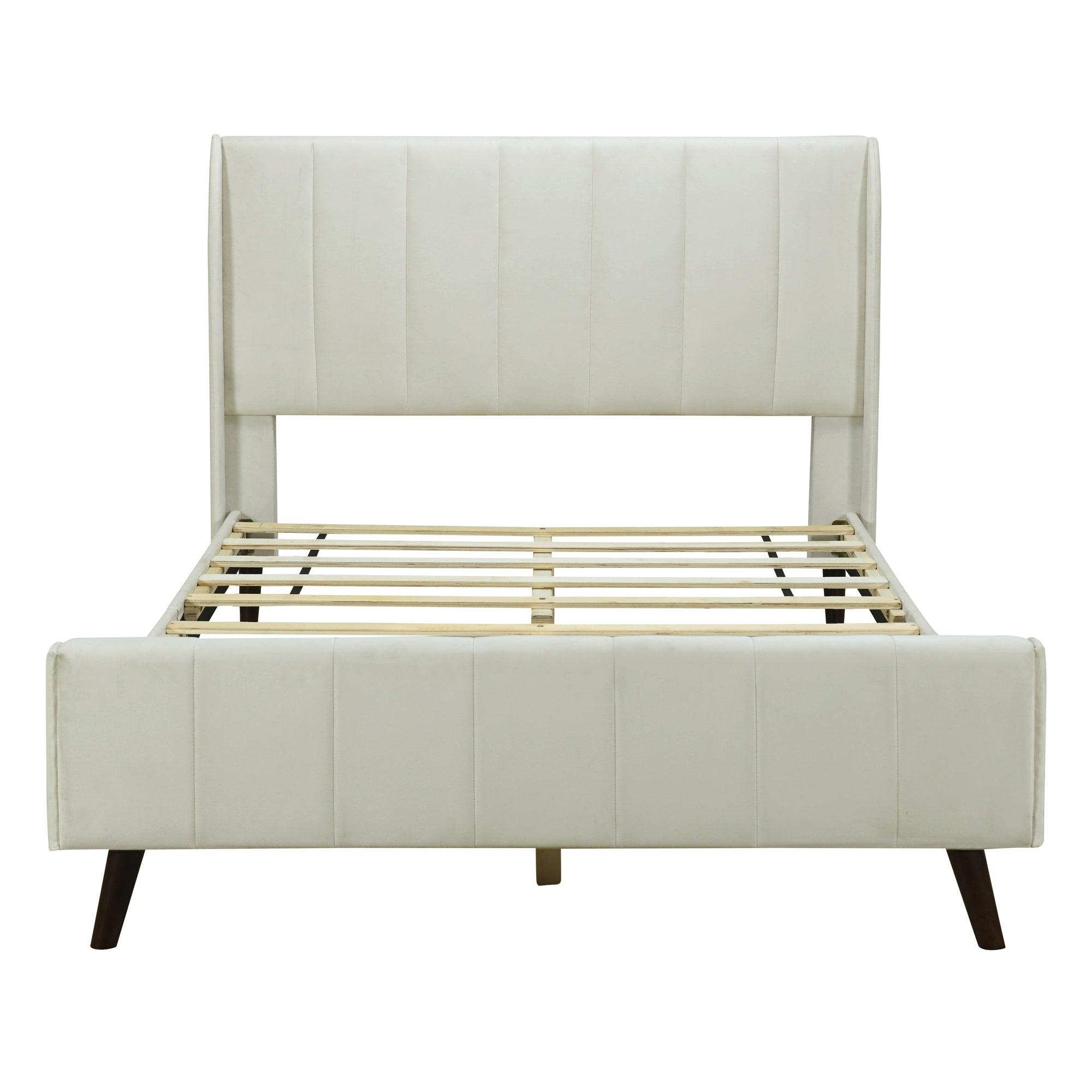 Full Size Upholstered Platform Bed, Velvet, Beige