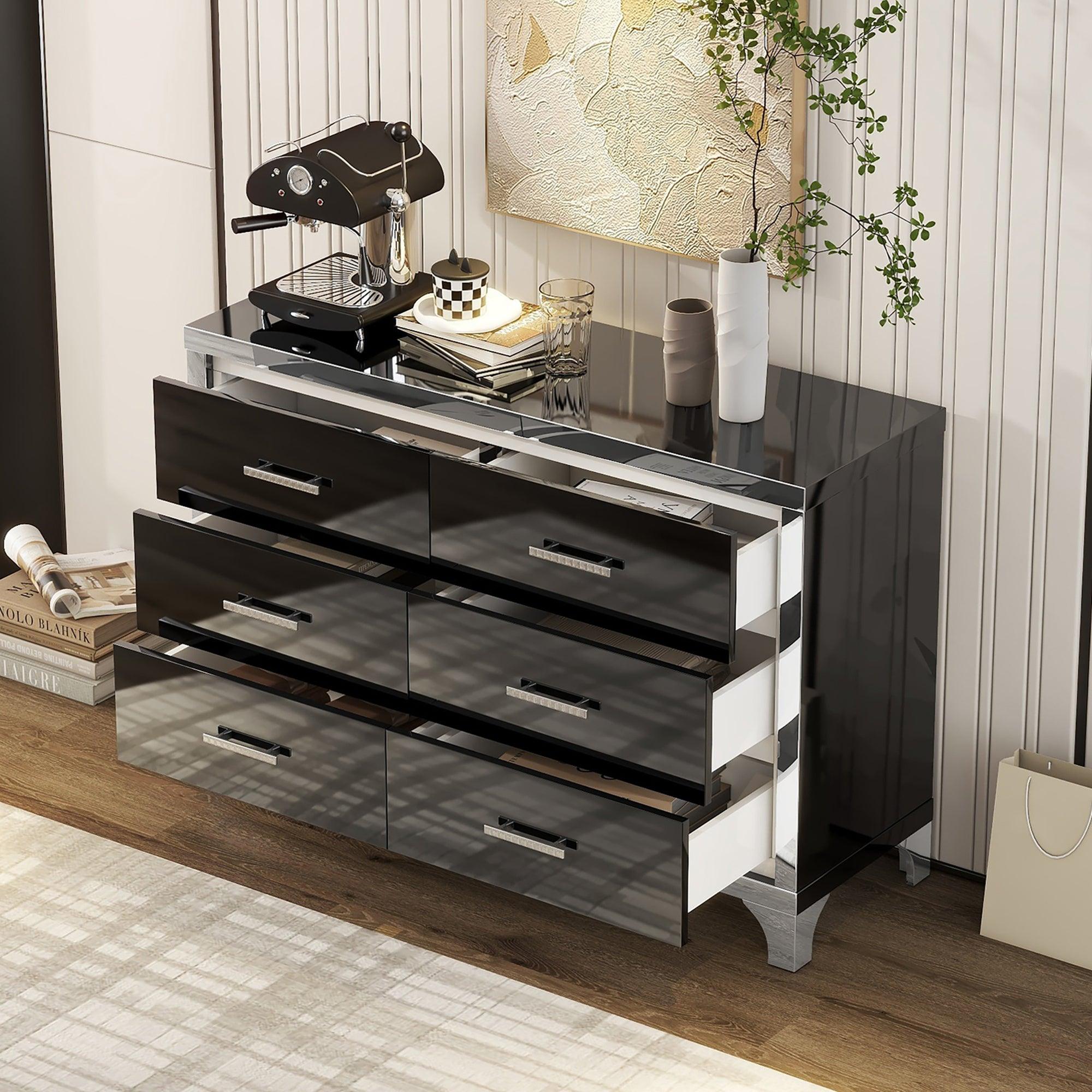 Elegant High Gloss Dresser with Metal Handle, Mirrored Storage Cabinet with 6 Drawers for Bedroom, Living Room, Black