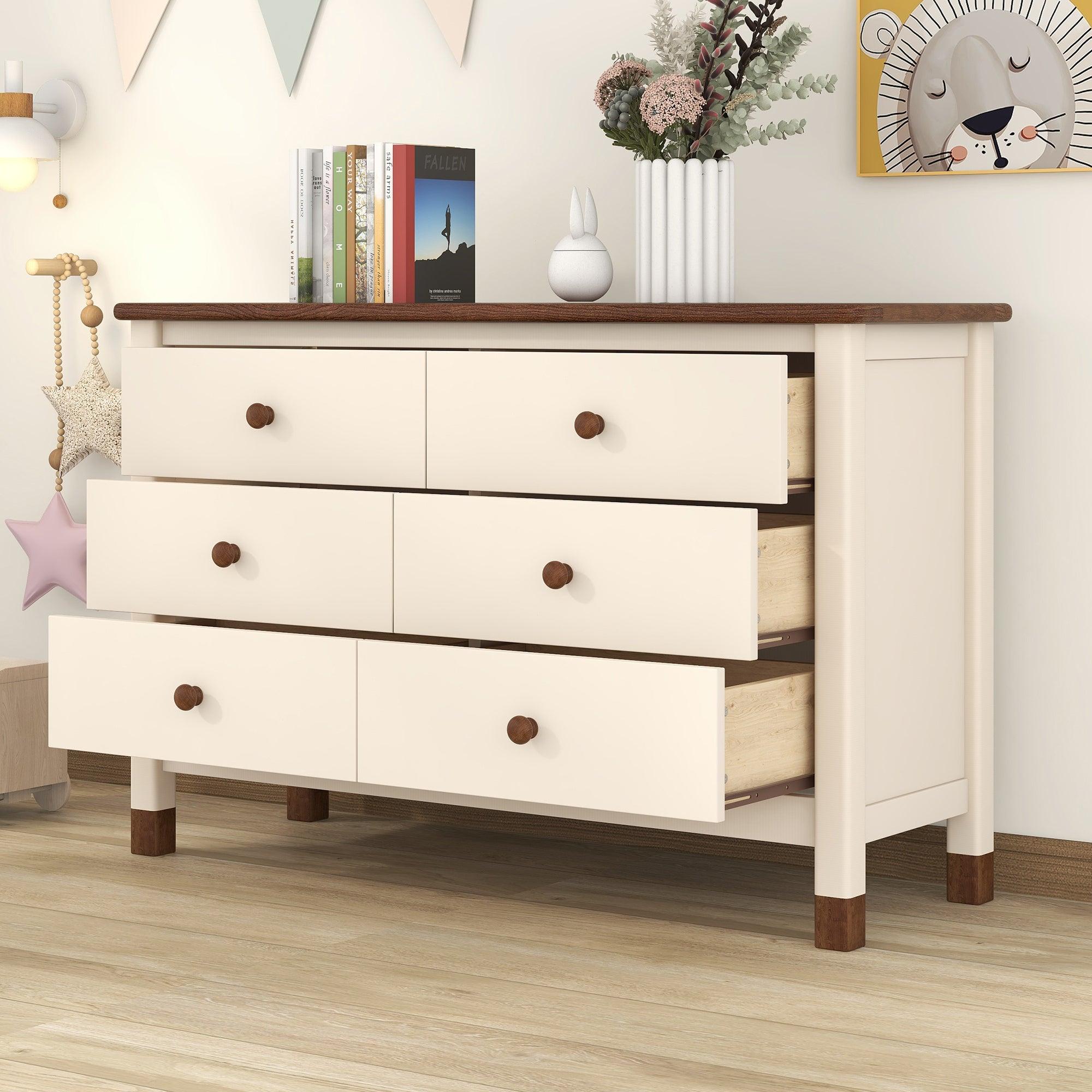 🆓🚛 Wooden Storage Dresser With 6 Drawers, Storage Cabinet for Kids Bedroom, Cream+Walnut