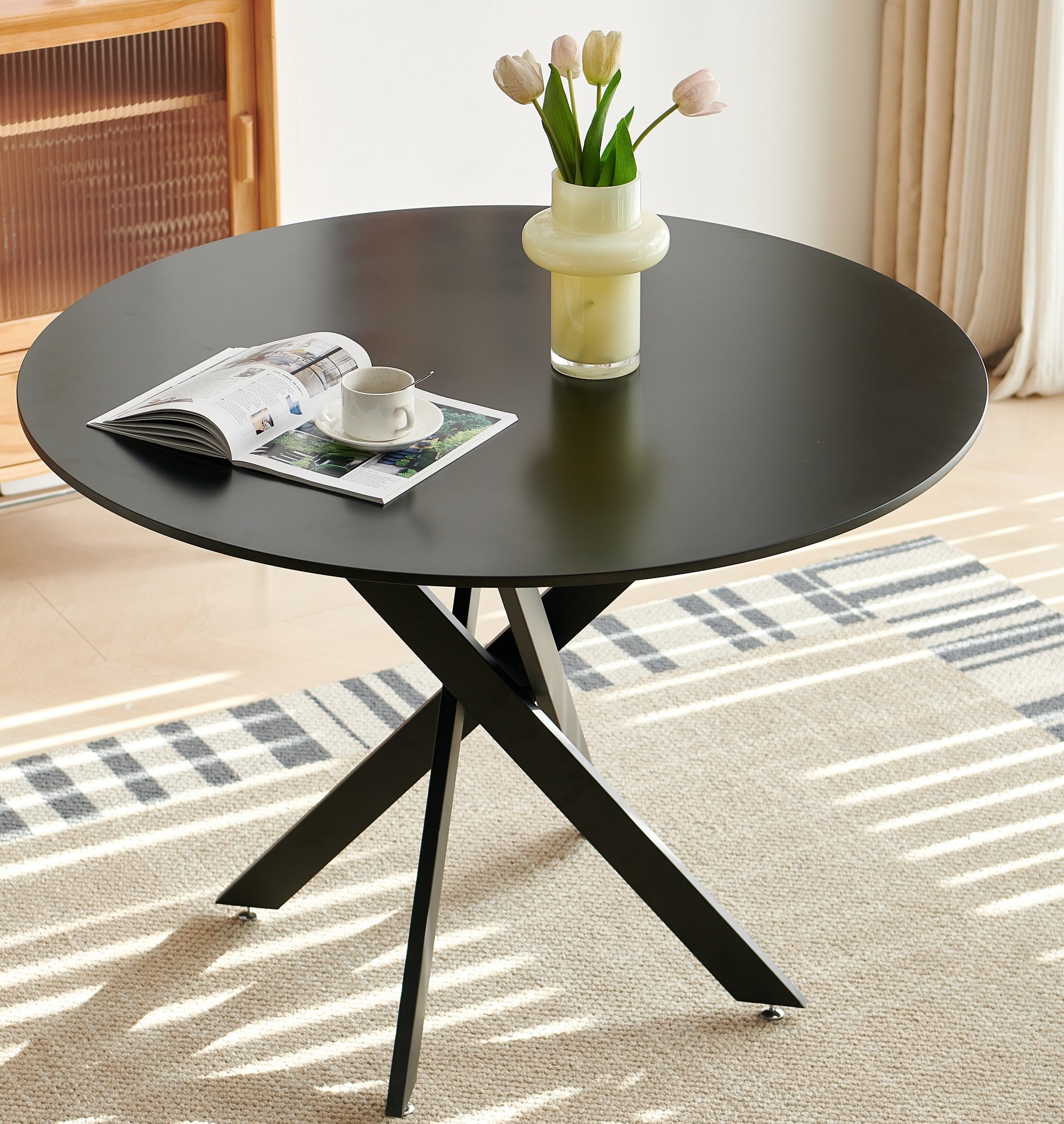 42.1" Black Table Mid-Century Dining Table for 4-6 People With Round Mdf Table Top, Pedestal Dining Table, End Table Leisure Coffee Table, Cross Leg