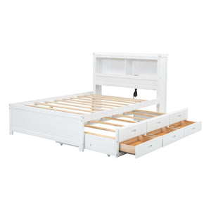 Full Size platform bed with trundle, drawers and USB plugs, White