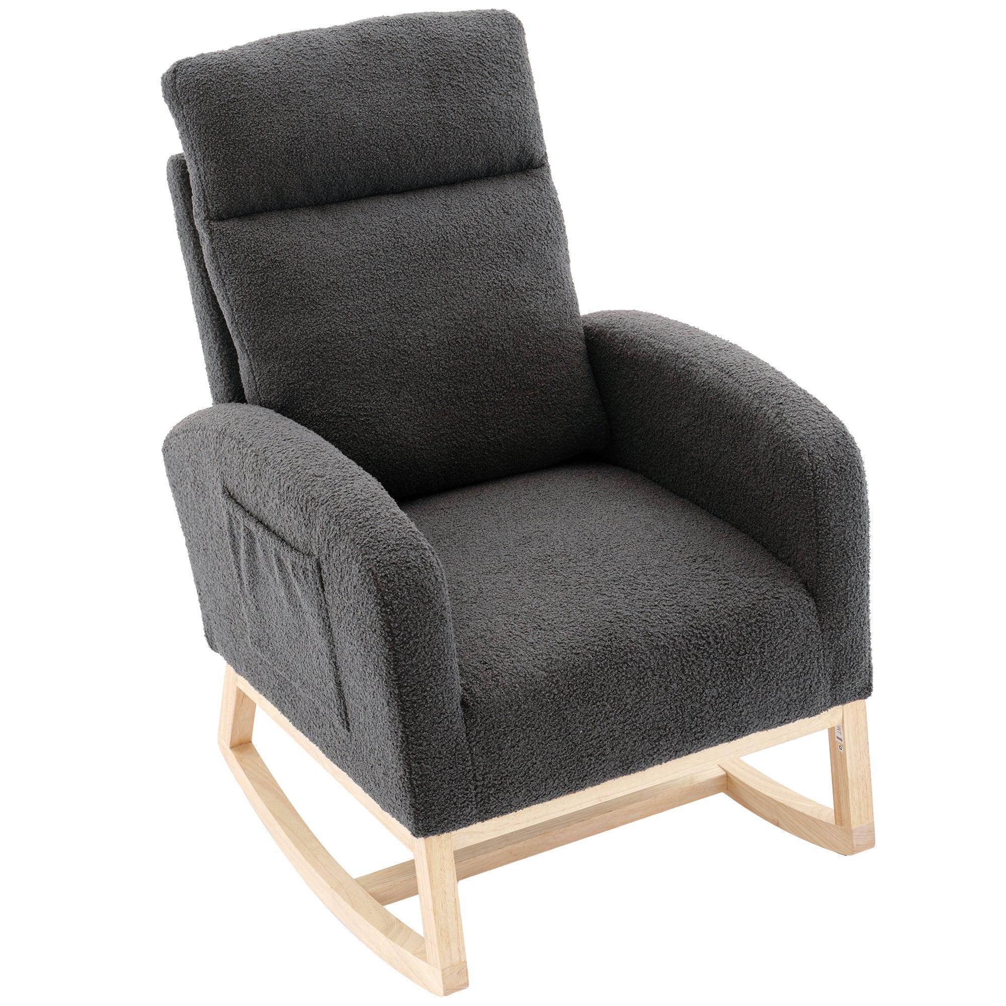 🆓🚛 Modern Accent Rocking Chair With Solid Wood Legs, Upholstered Nursery Glider Rocker, Dark Gray