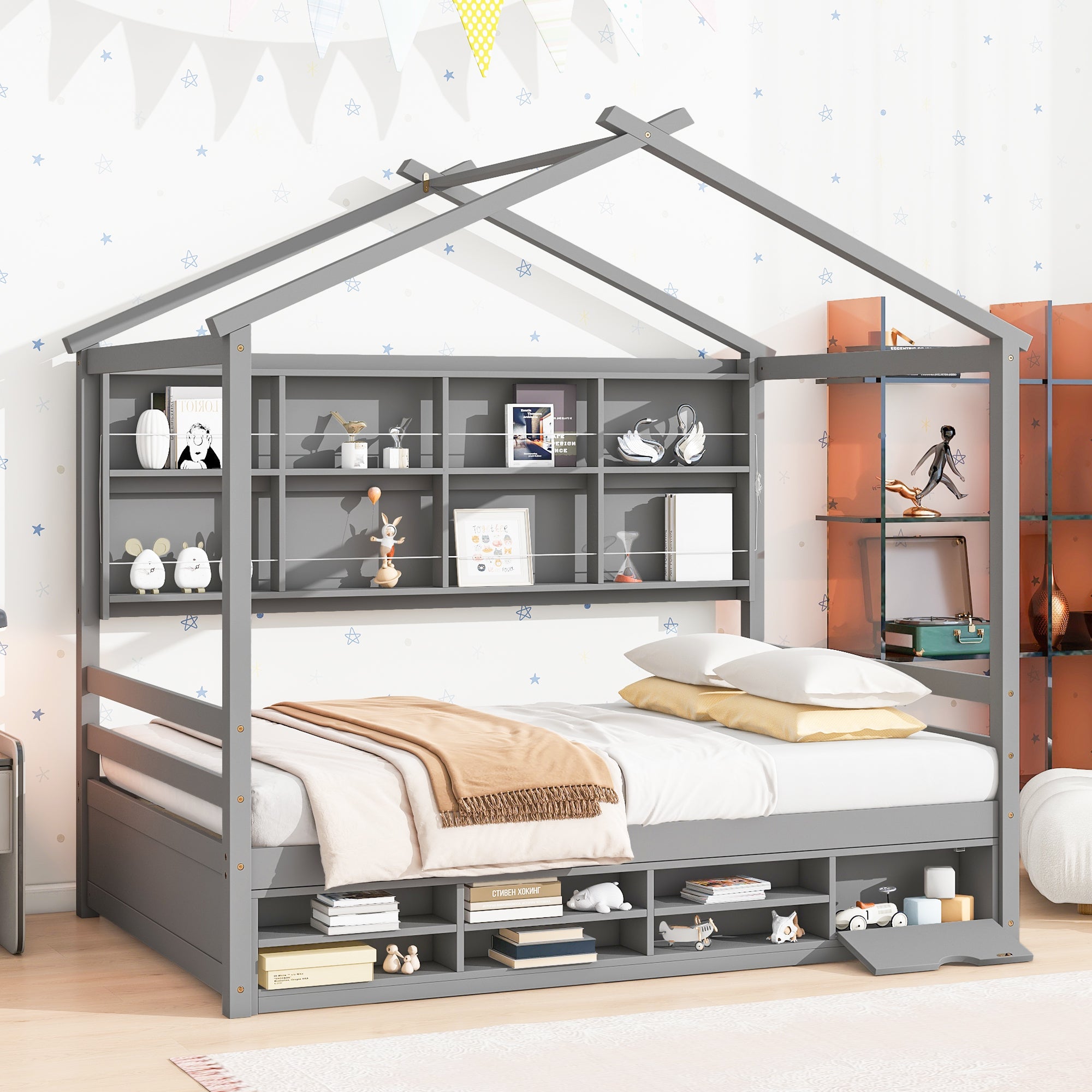 Full House Bed with Roof Frame, Bedside-shelves, Under Bed Storage Unit, Gray