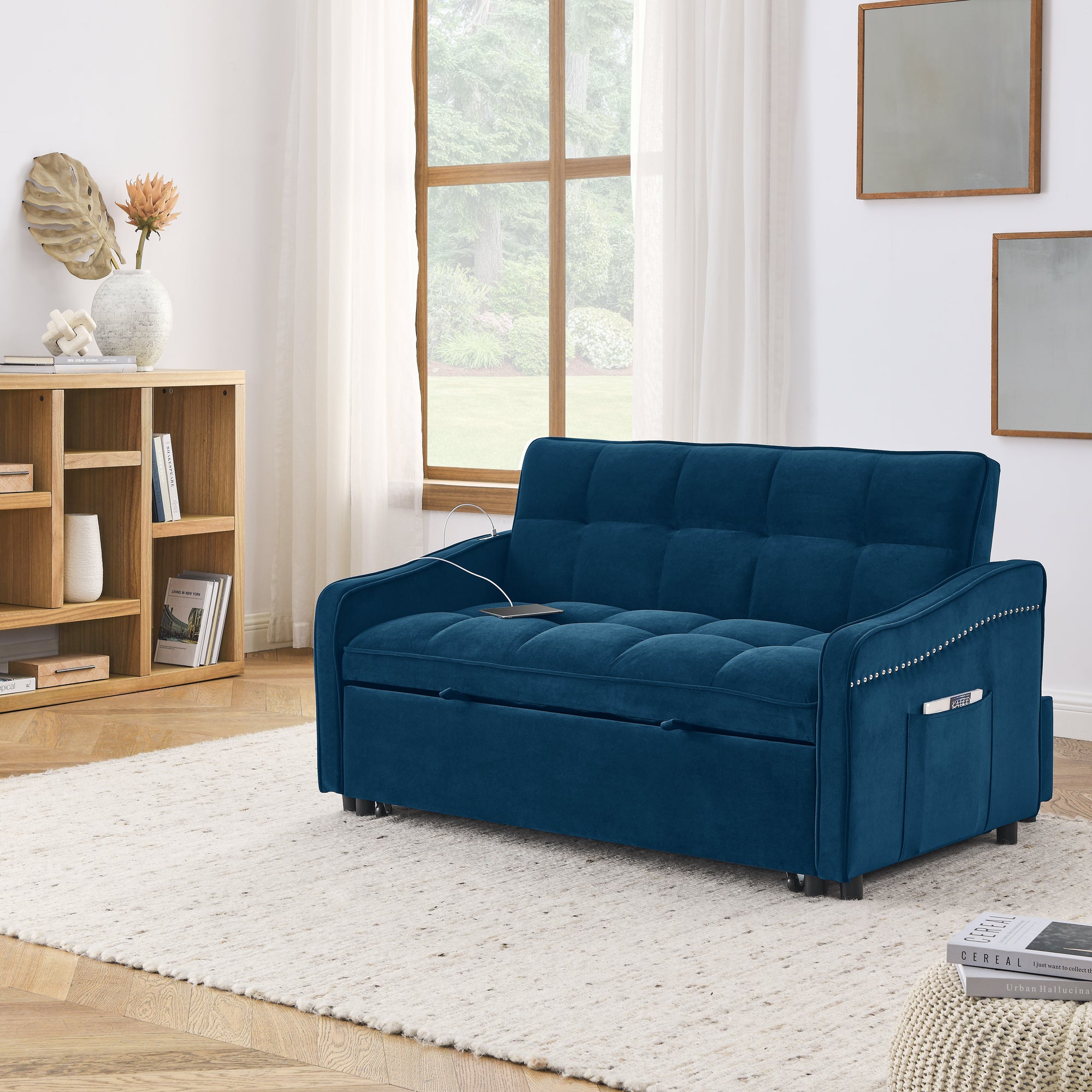 🆓🚛 Loveseats Sofa Bed With Pull-Out Bed, Adjustable Back and Two Arm Pocket,  Copper Nail, USB Charging, Blue (47"X53"X31")