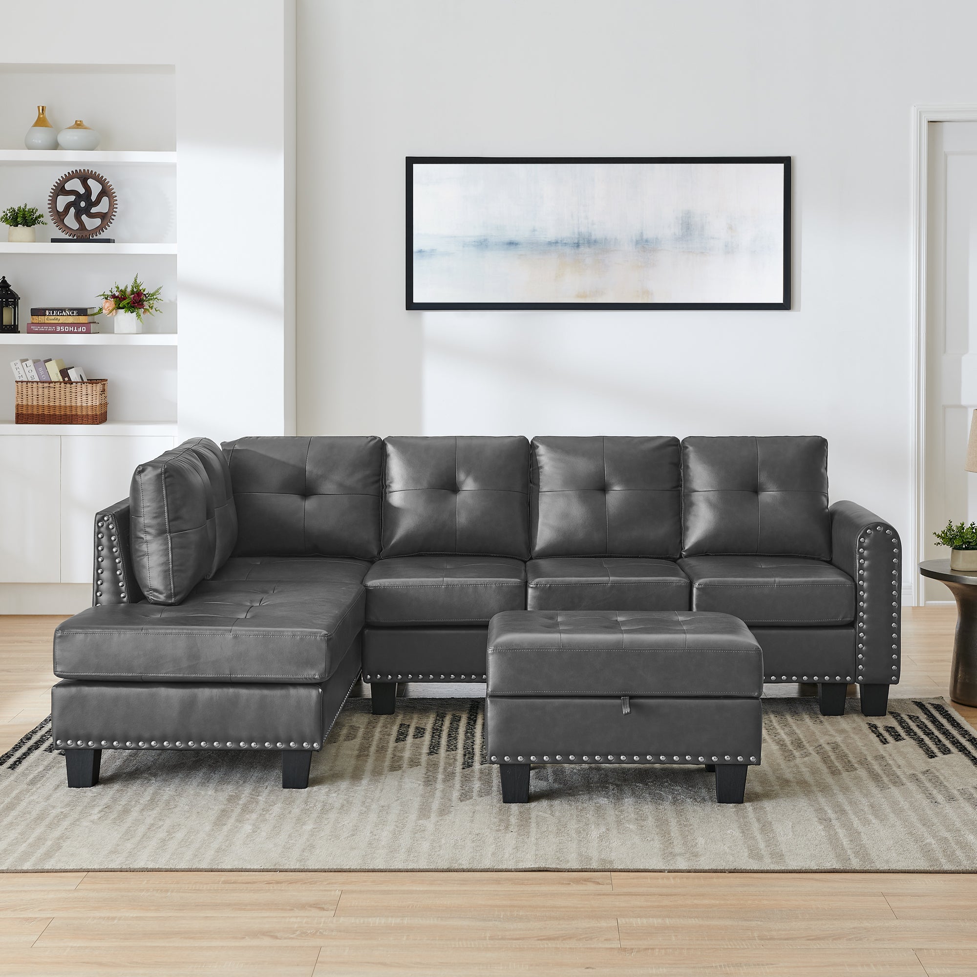 4-5 Seaters L-Shape Sofa, With Storage Ottoman, Pu, Gray