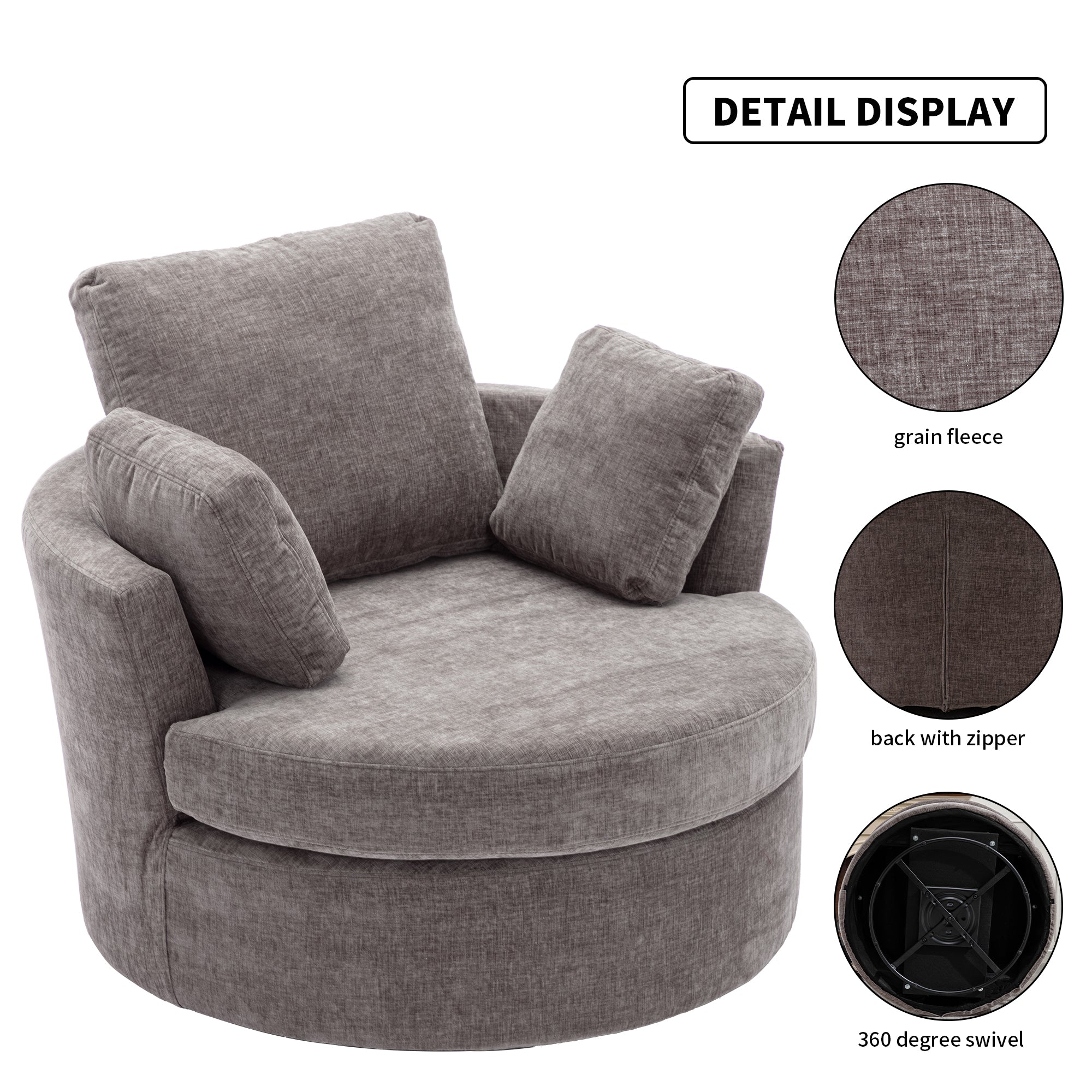 🆓🚛 Oversize Round Swivel Chair Cozy Club 360 Degrees Swivel Sofa, 3 Pillows, Chenille Fabric for Living Room Lounge Hotel 40.2D X 42.1W X 34.3H", Gray