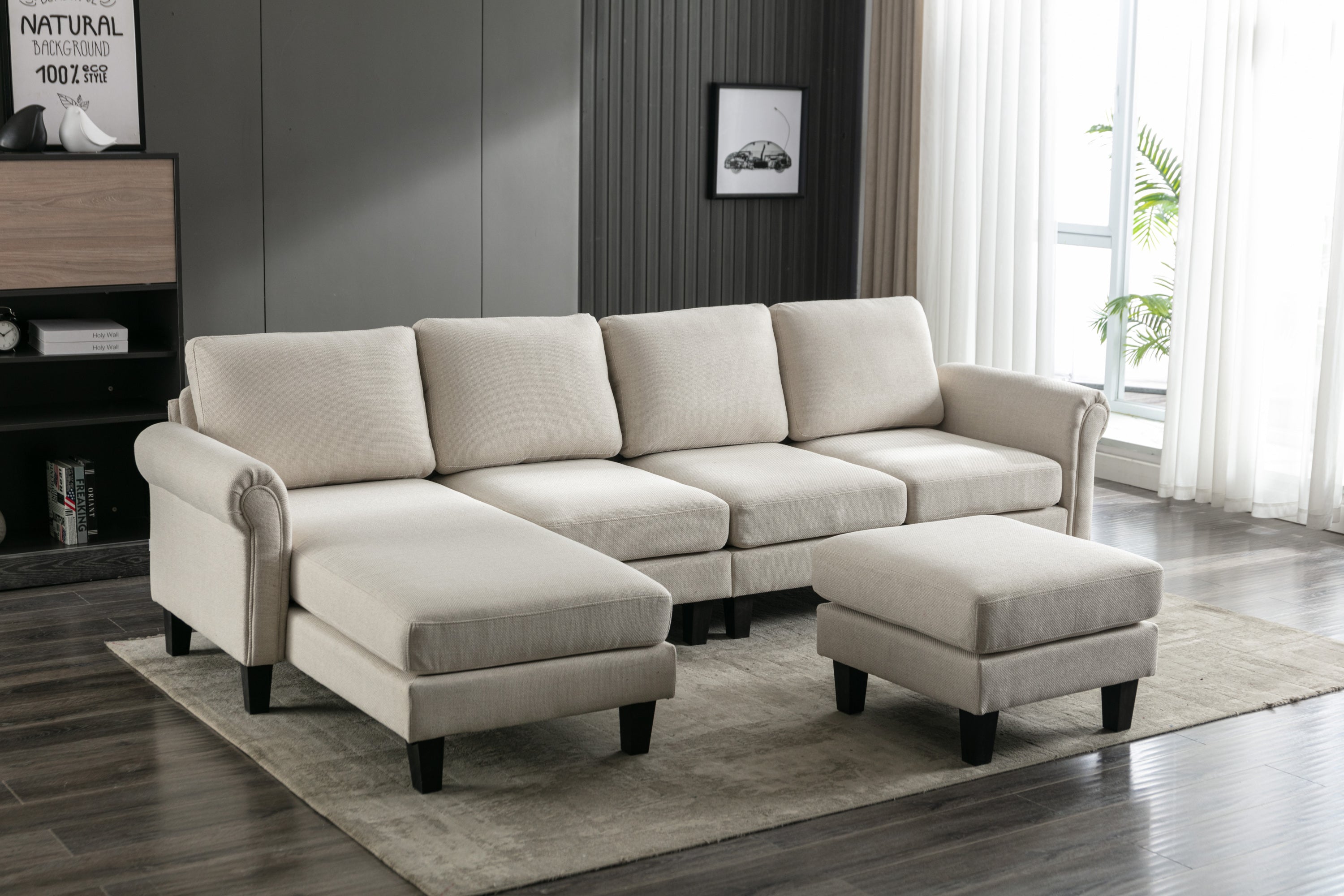 🆓🚛 108" L-Shaped 4-Seater Sectional Sofa Couch With Ottoman, Light Gray