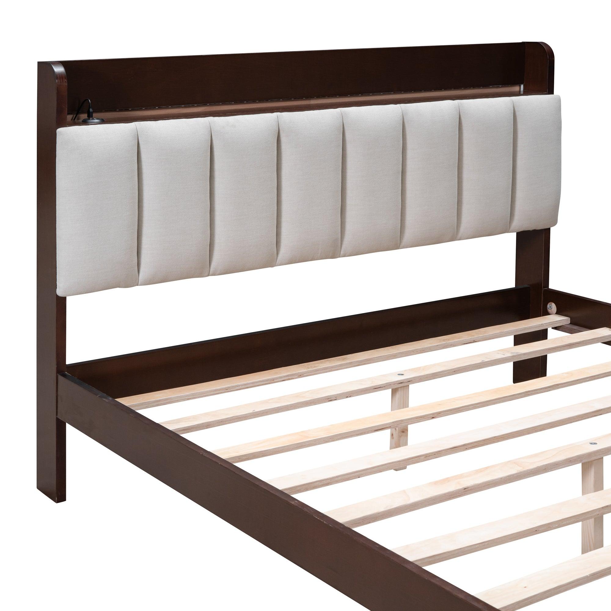 Full size Platform Bed with USB Charging Station and Storage Upholstered Headboard, LED Bed Frame, No Box Spring Needed, Walnut+Beige